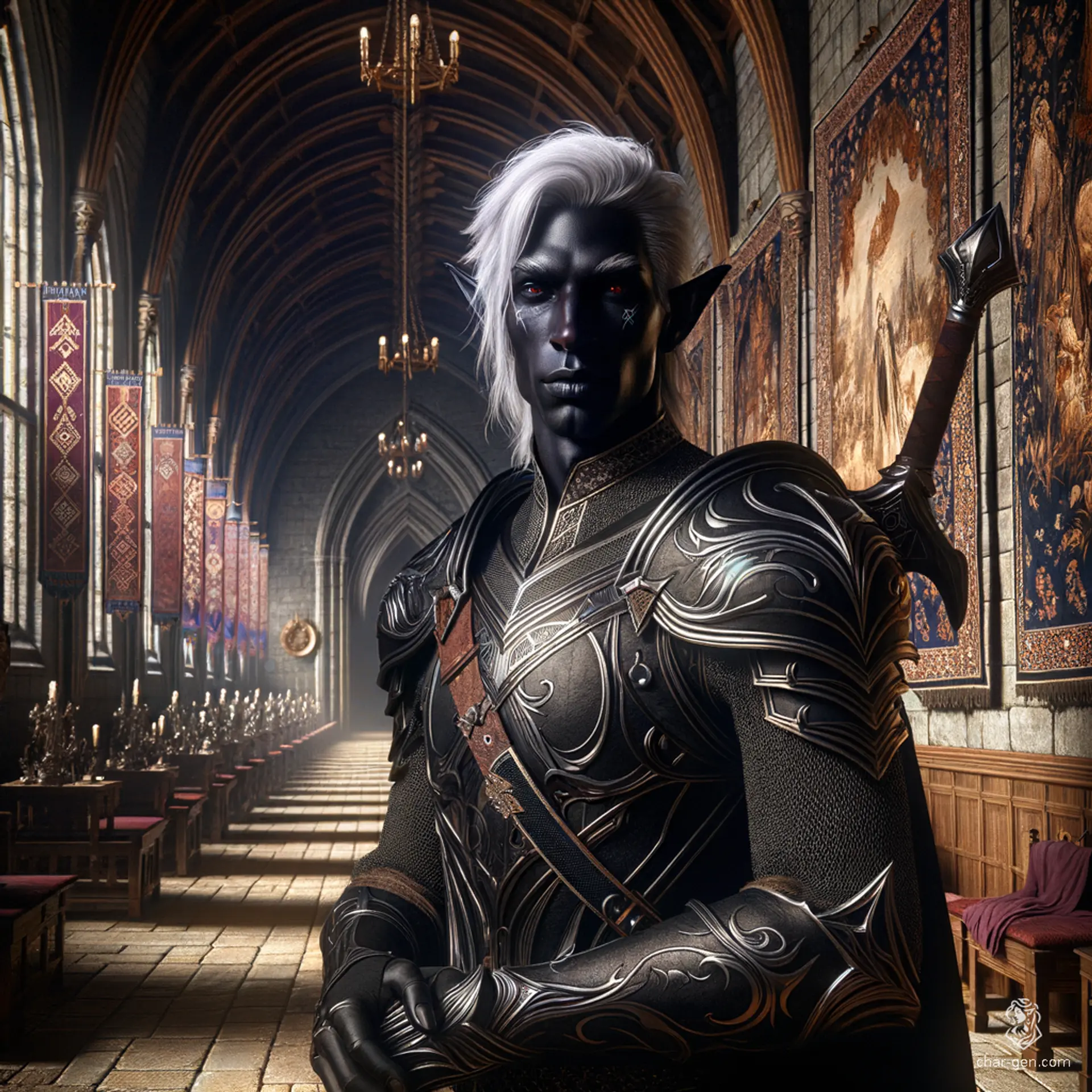 A shadar-kai paladin, this regal figure boasts raven hair and striking obsidian eyes framed by dark skin. Cloaked in elegant armor symbolizing his devotion to the Raven Queen, he emanates a dignified aura, ready to protect those in need while commanding respect in the shadowy realms.