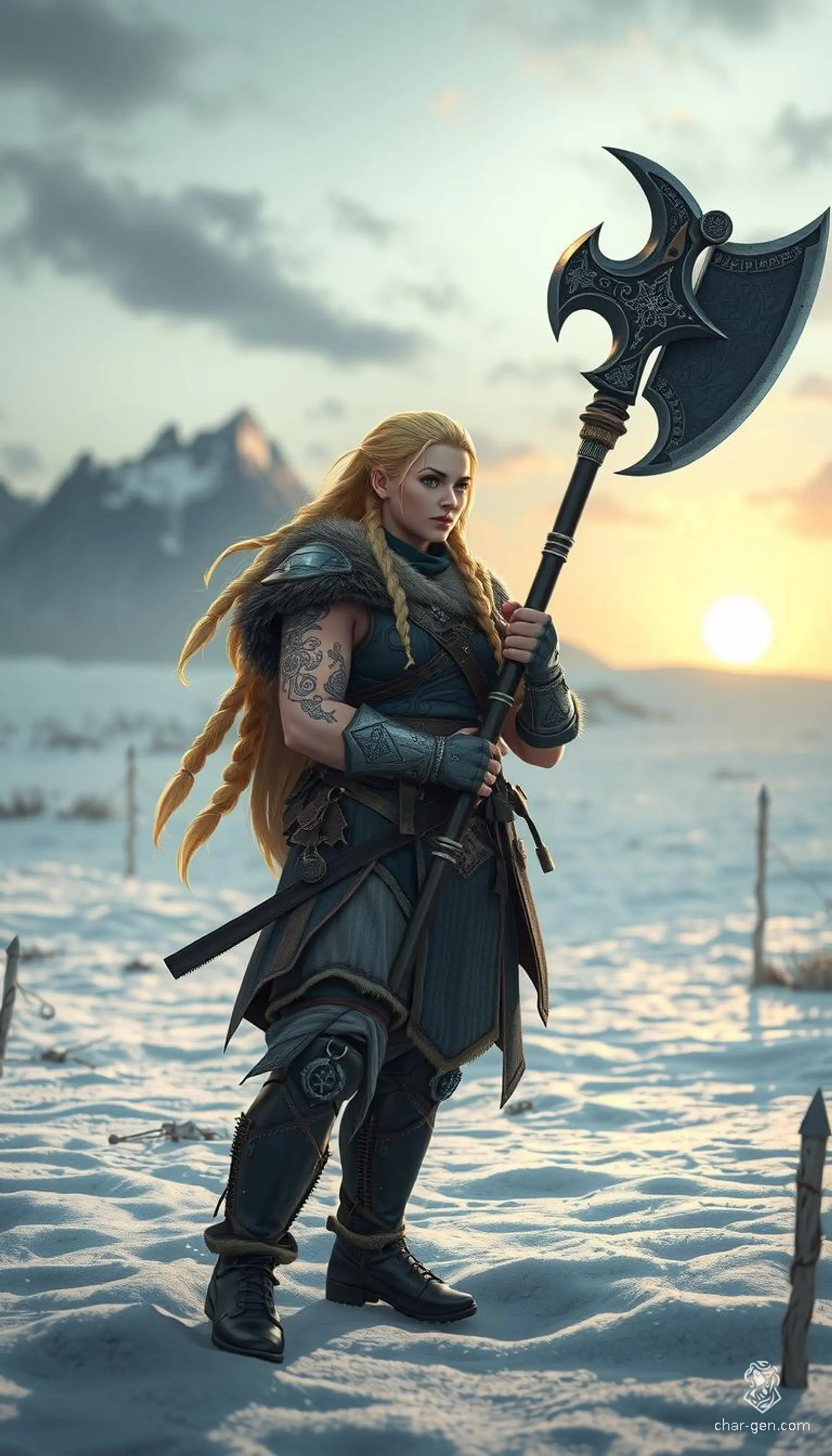 In a stunningly detailed, life-size cinematic frame, a fierce female Viking warrior stands dominating a snowy battlefield. Her braided blonde hair flows wildly as she holds a glowing, rune-etched double-headed axe aloft. Clad in heavy furs and leather, with Nordic tattoos marking her muscular arms, she embodies raw, untamed Norse power amidst a desolate frozen landscape.