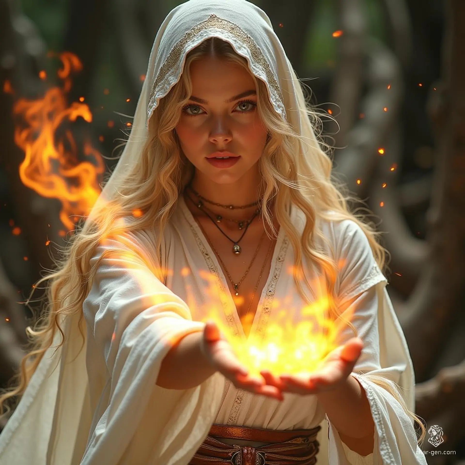 A stunning female mage with flowing blonde hair clad in a shimmering white robe channels her arcane power, hurling a blazing fire spell toward the viewer. Radiating confidence and grace, her piercing gaze reflects the intensity of her elemental command, setting the scene ablaze with magic.