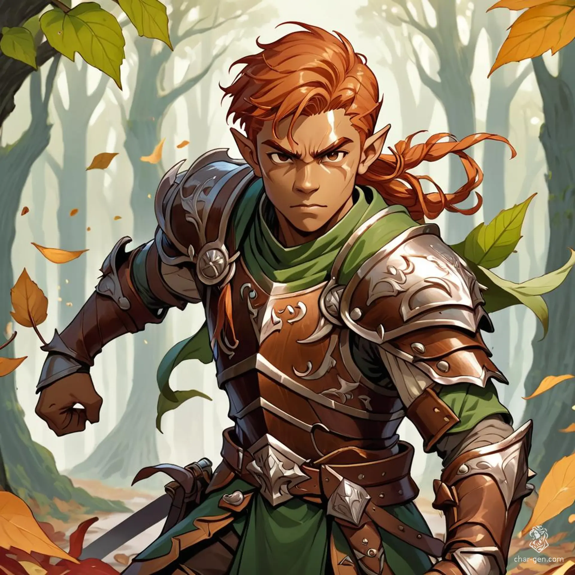 A young wood elf fighter with shoulder-length copper hair and light brown skin, clothed in leather armor and leaves, skillfully combats a ferocious D&D monster. His keen eyes and swift movements define his battle prowess.