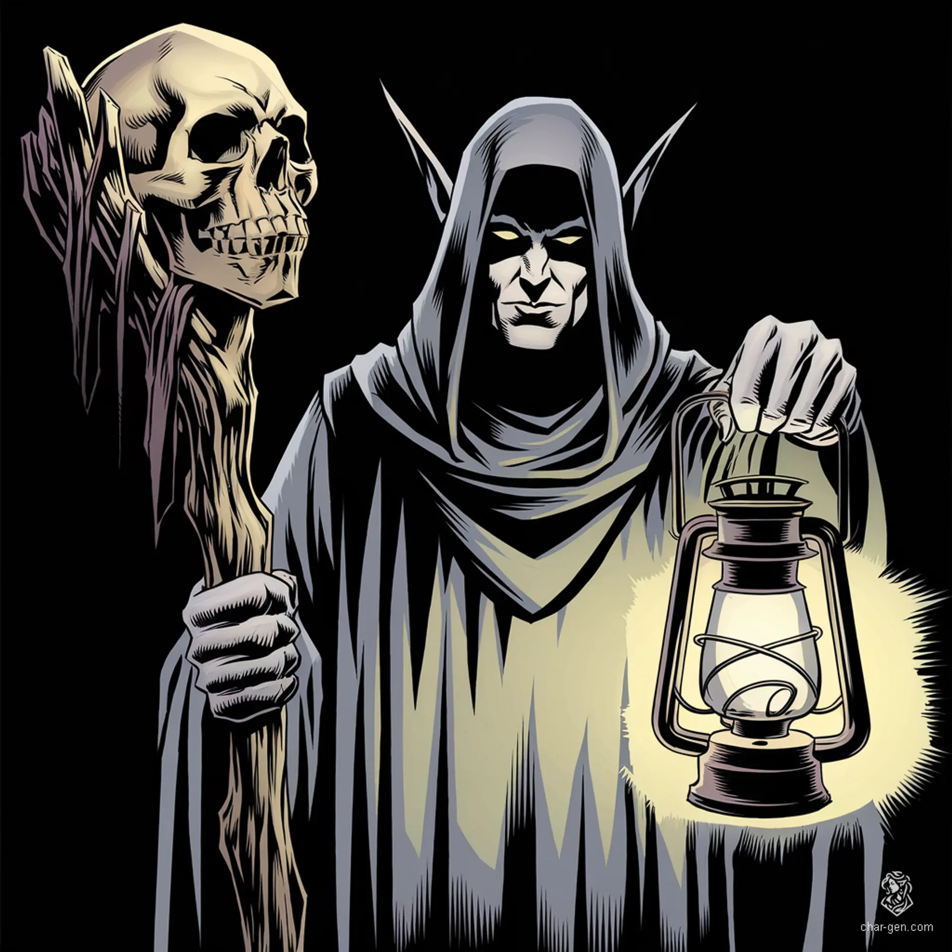 **Tarot: The Hermit's Lantern**  
In the depths of shadow, the dark elf wields a haunting lantern, casting eerie light upon the skull-adorned staff of ancient power. Every flicker reveals secrets of the abyss, guiding lost souls through introspection and illuminating the path of solitude amidst darkness.