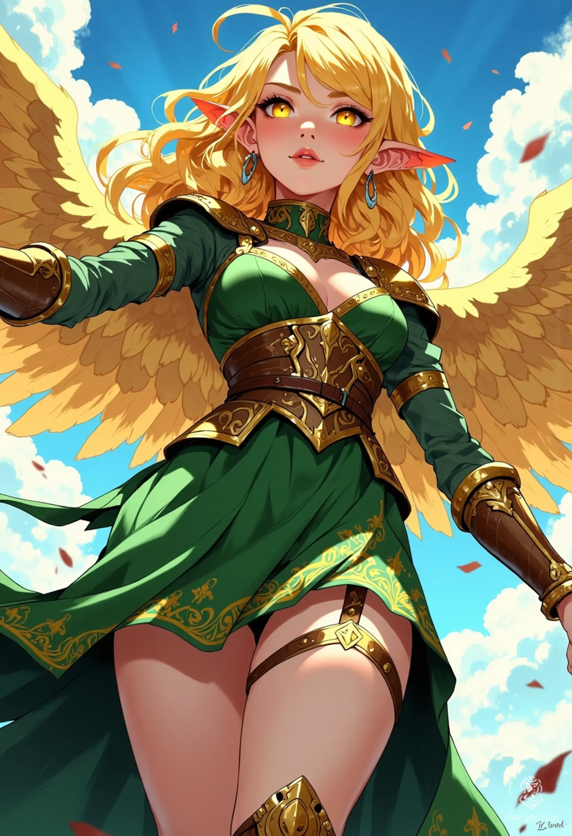 Sigarda, a stunning female angel, embodies celestial grace with her luminous golden hair and radiant green and gold armor. Her solid gold eyes shine brightly as she floats effortlessly in the vibrant sky, captured in bold, dynamic poses and a vivid anime-inspired style that exudes fantasy magic.