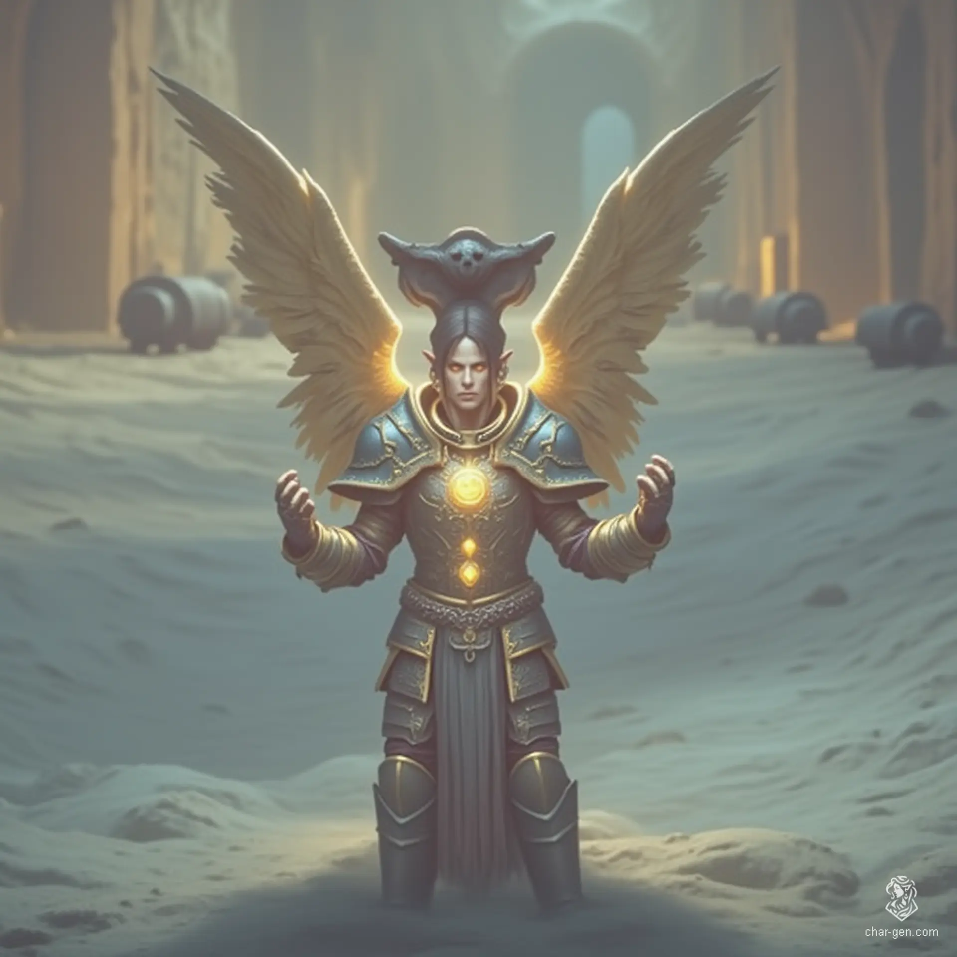Puriel, a divine aasimar fighter, exudes confidence as a soldier draped in intricately detailed chain mail. With a subtle glow and unusual colored eyes, he wields a greataxe with strength, showcasing his battlemaster skills. While not the sharpest, his hardy nature and angelic lineage make him a formidable presence on the battlefield.