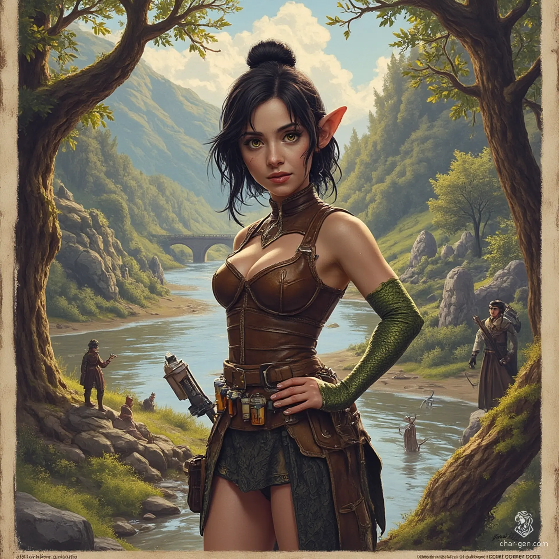 Izzy, a newly emancipated halfling assassin, is a perky yet deadly crossbow specialist. With snake-like yellow-green eyes and shimmering green scale patches, she dons a fitted brown leather breastplate and wields concealed daggers. Her aura exudes both competence and malice, embodying the thrill of the hunt.