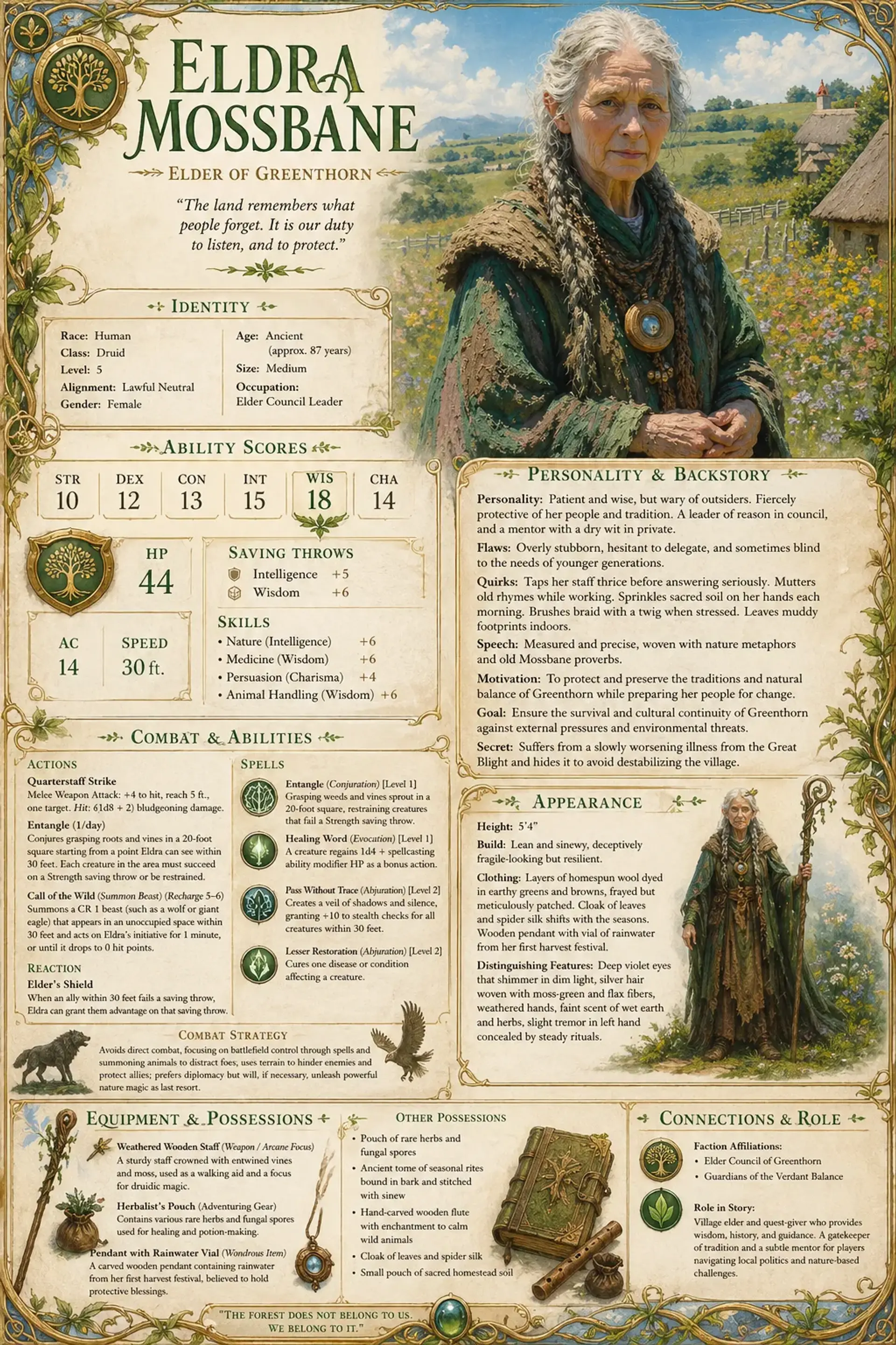 Eldra Mossbane - AI-generated fantasy NPC