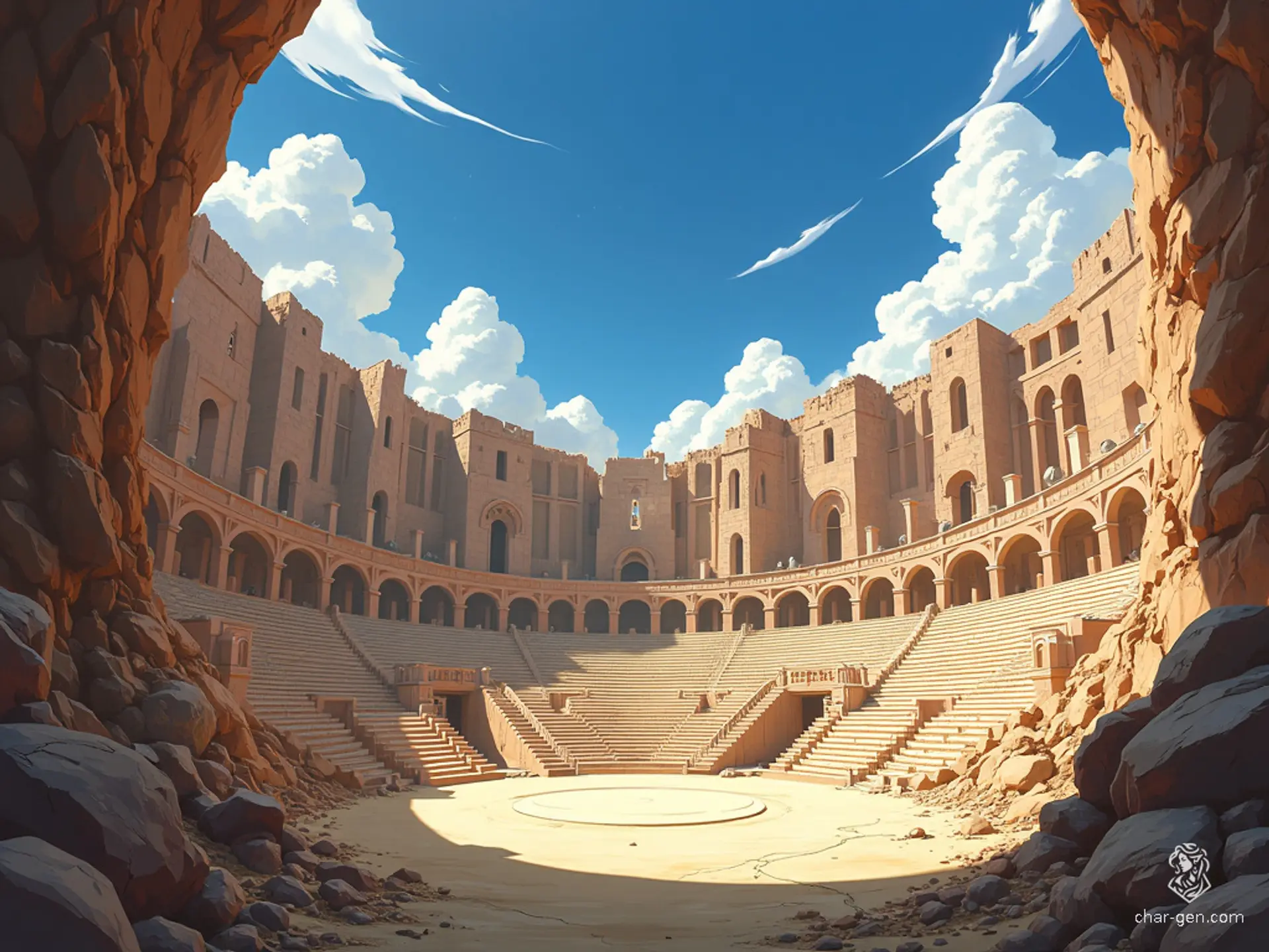 Amidst the vast Anauroch desert lies Iymrith's Amphitheatre, a colossal, ancient structure carved into sandstone cliffs. This circular pit features steep, rock-hewn seats descending to a stage adorned with battle remnants. Weathered stone, shifting sands, and relentless desert winds imbue the site with an aura of desolation and ancient power.