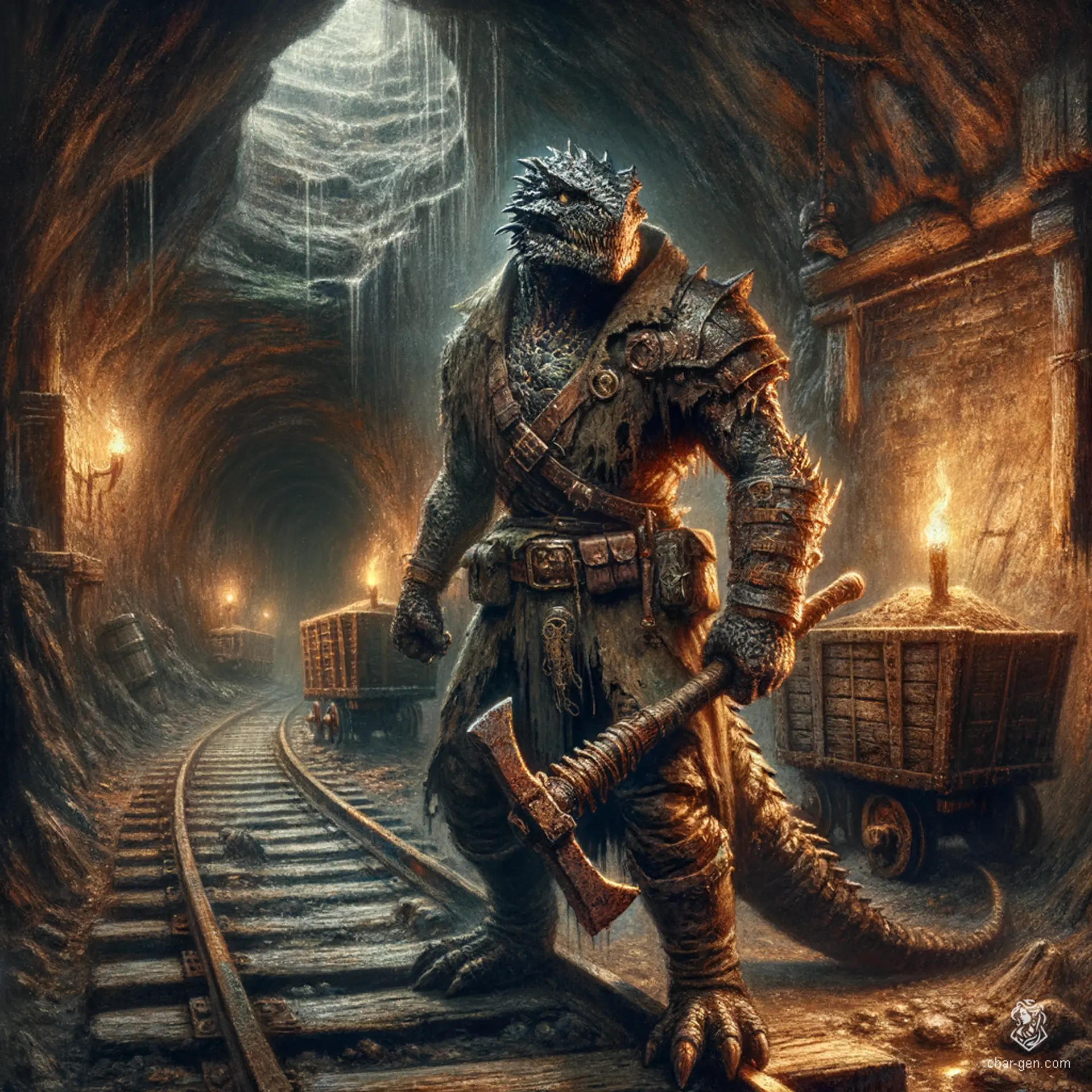 Undead lizardfolk with rotting flesh and exposed bones, clad in worn leather armor, wielding a large rusty wrench. Their dark, scaly skin contrasts sharply under dim torchlight in an abandoned mine, captured in dramatic, high-contrast oil painting style with detailed textures and atmospheric depth.