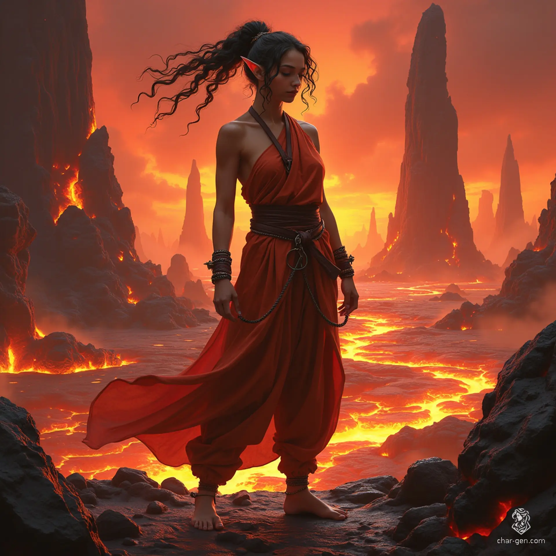 A serene half-elf monk with fluid movements and a calm demeanor. Her curly hair and distinct olive skin, enhanced by unique shackles, form a striking contrast. A centered spirit, she embodies grace and strength.