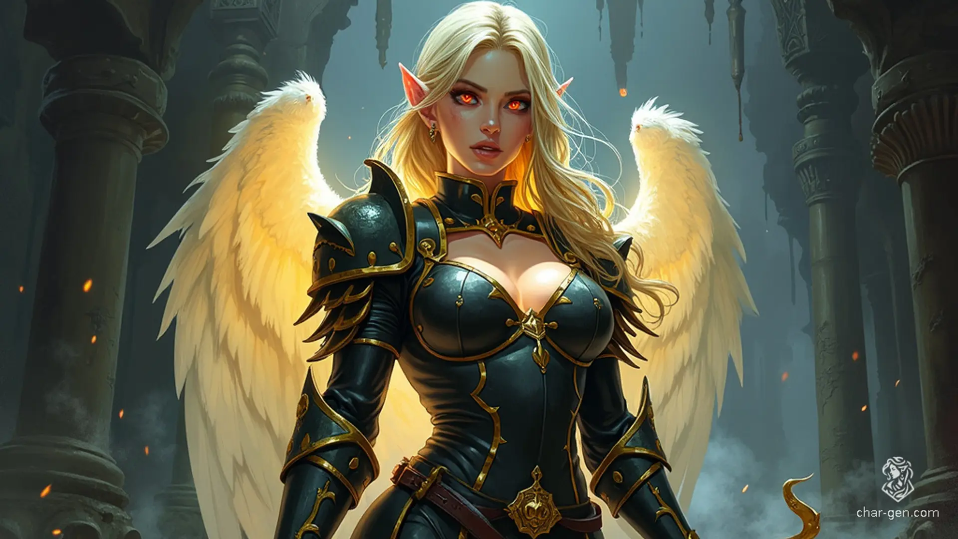 An enchanting female aasimar cleric radiates a holy glow, her unusual colored eyes and serene demeanor captivating. Clad in skin-tight armor with golden trim, revealing cleavage, she stands as the sole light in a shadowed realm, bearing a prominent holy symbol.