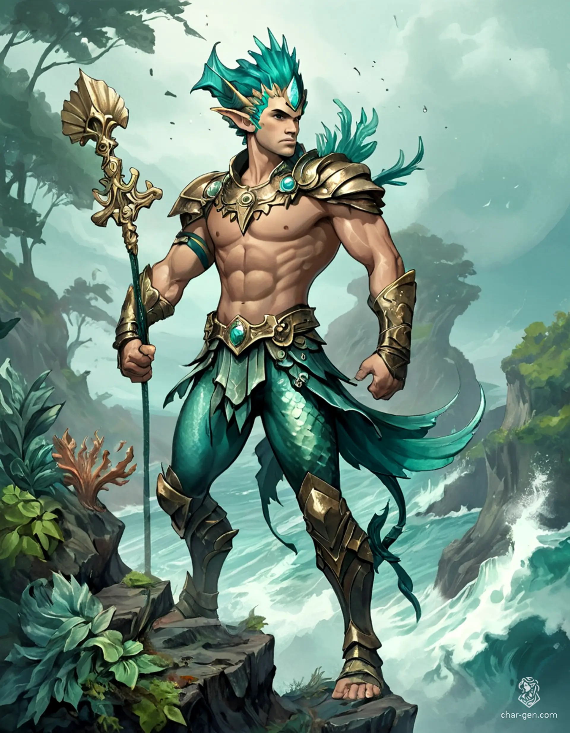 Kaelen, a triton ranger, merges the ocean's depths with forest shadows. His shimmering sea-blue skin and kelp-green hair adorned with natural elements reflect his dual heritage. Clad in sea-forged leathers, he navigates land and sea with agility, embodying wisdom as a guardian of both realms.