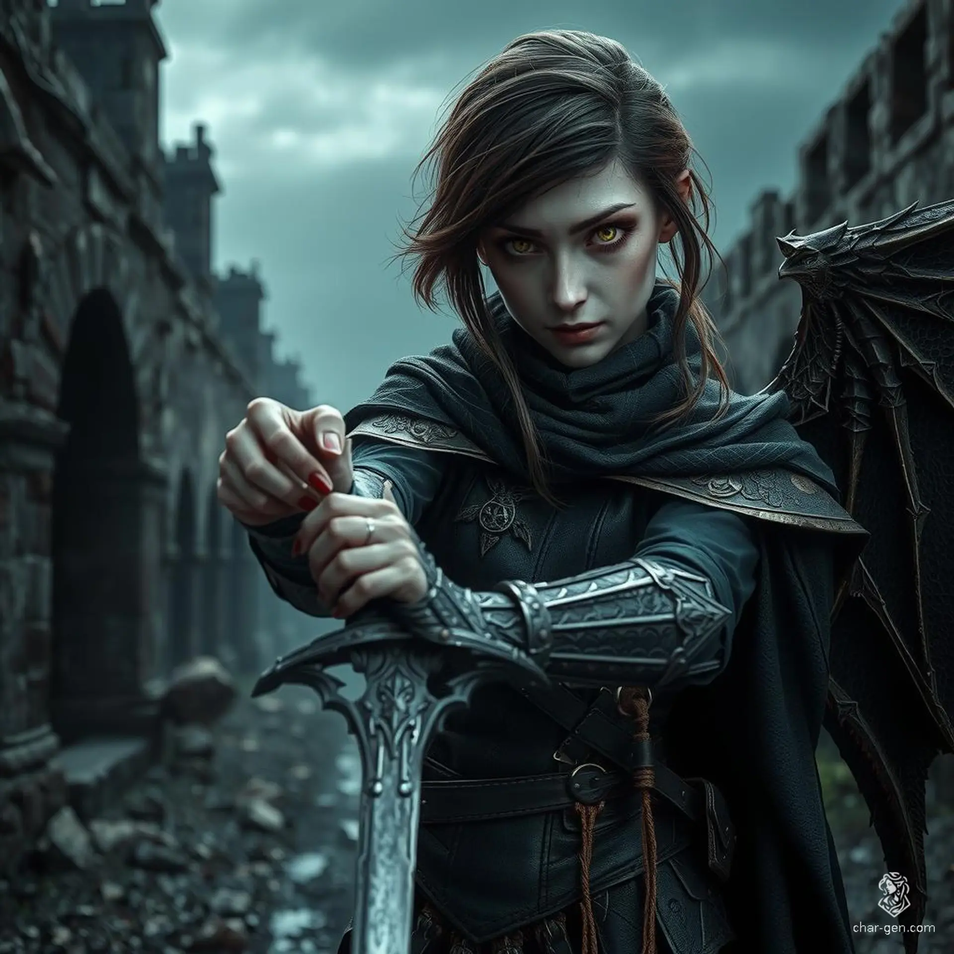 Miatte Derethian, a 30-year-old human battlemaster and sword-fighting champion from Dereth, is a haunted survivor of a cataclysm wrought by an arch lich. With pale skin, green eyes, and espresso brown hair, she wields a longsword and wears a winged cloak. Miatte battles monsters to protect the innocent and exorcise her demons, speaking to spirits unseen by others.
