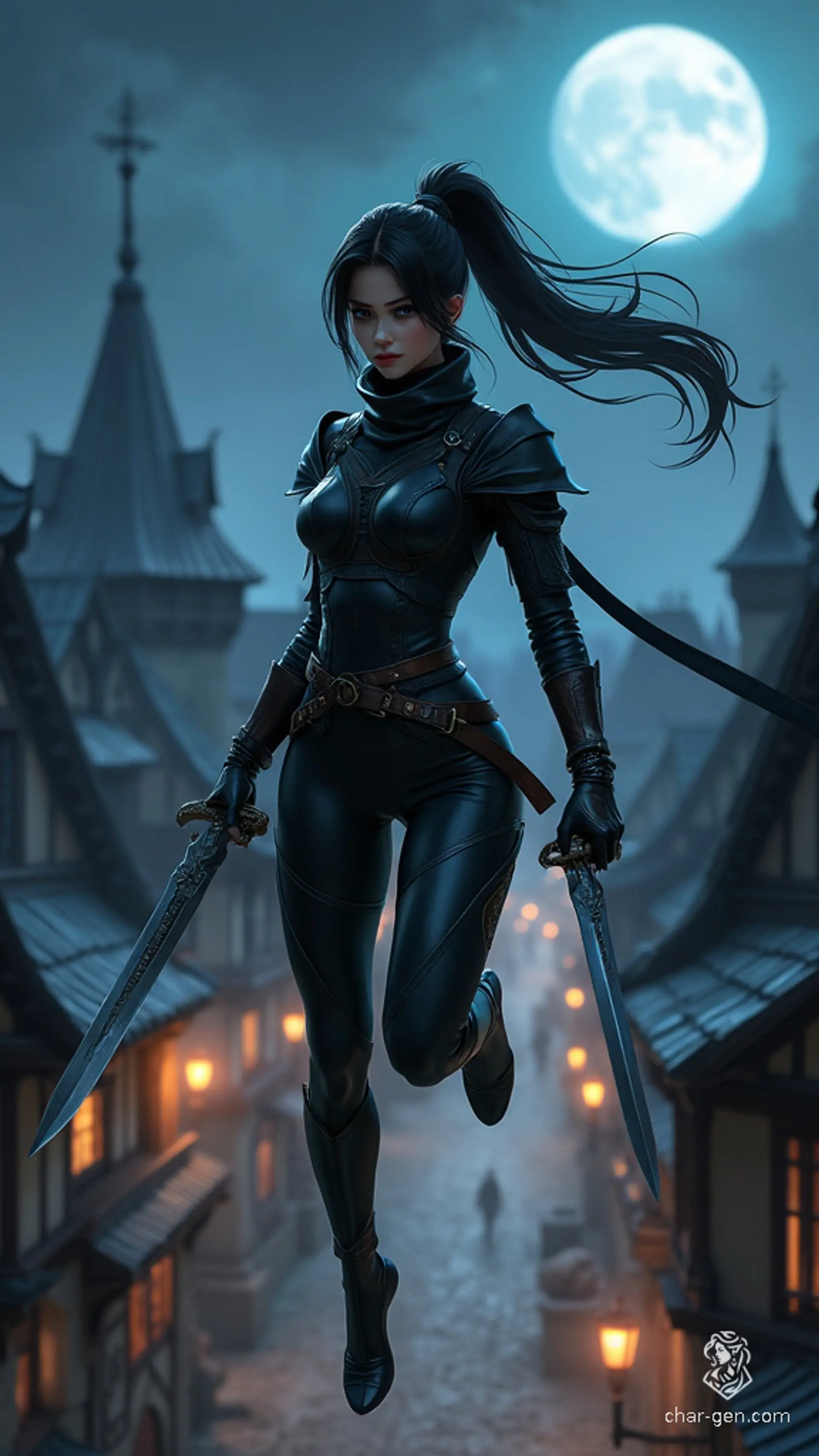 A cinematic portrayal of a stealthy female assassin in 4K UHD anime art, leaping across moonlit rooftops of a medieval castle town. Clad in matte black leather armor with twin daggers poised, her athletic form and raven ponytail blend seamlessly into the shadows. Detailed textures and depth create a strikingly authentic fantasy scene.