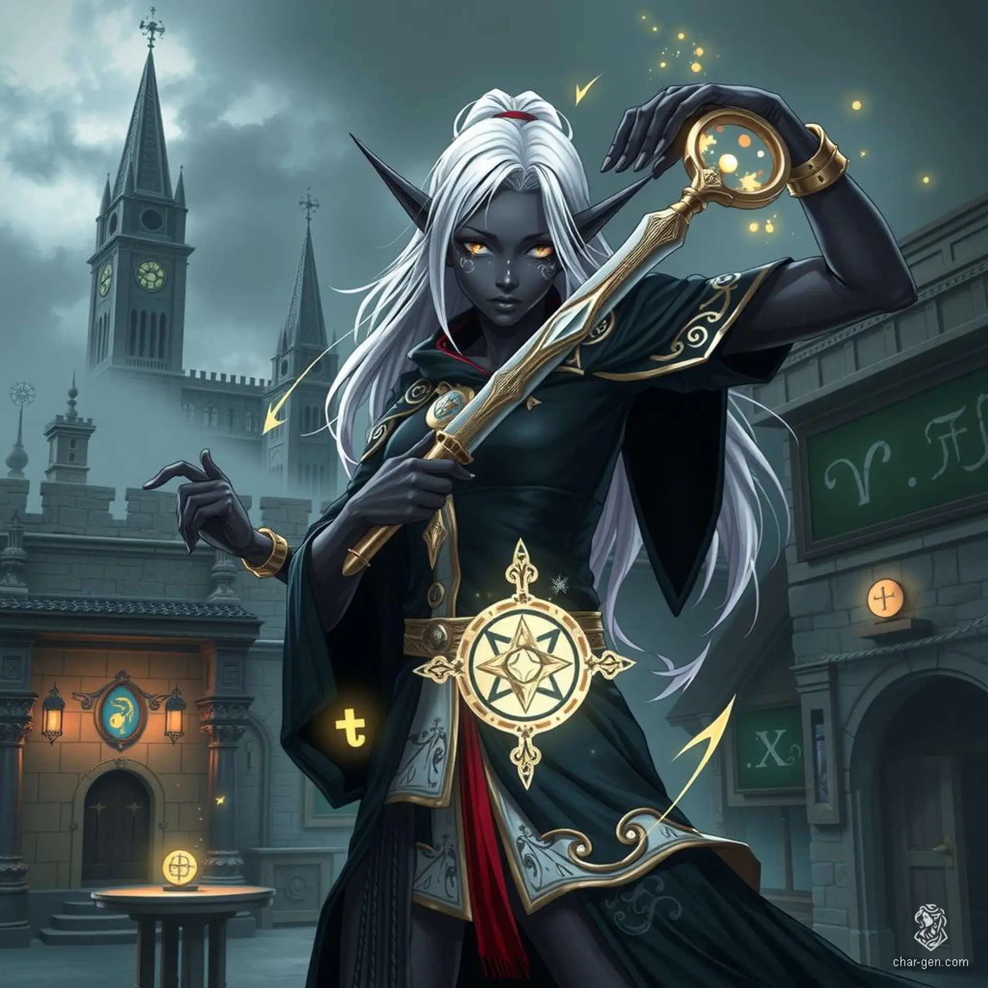 A striking female Drow sorcerer with dark black skin and white hair, adorned in enchanted garments inscribed with arcane sigils. She exudes a powerful magical aura, her black-skinned complexion sharply contrasted, emphasizing her mystic presence.