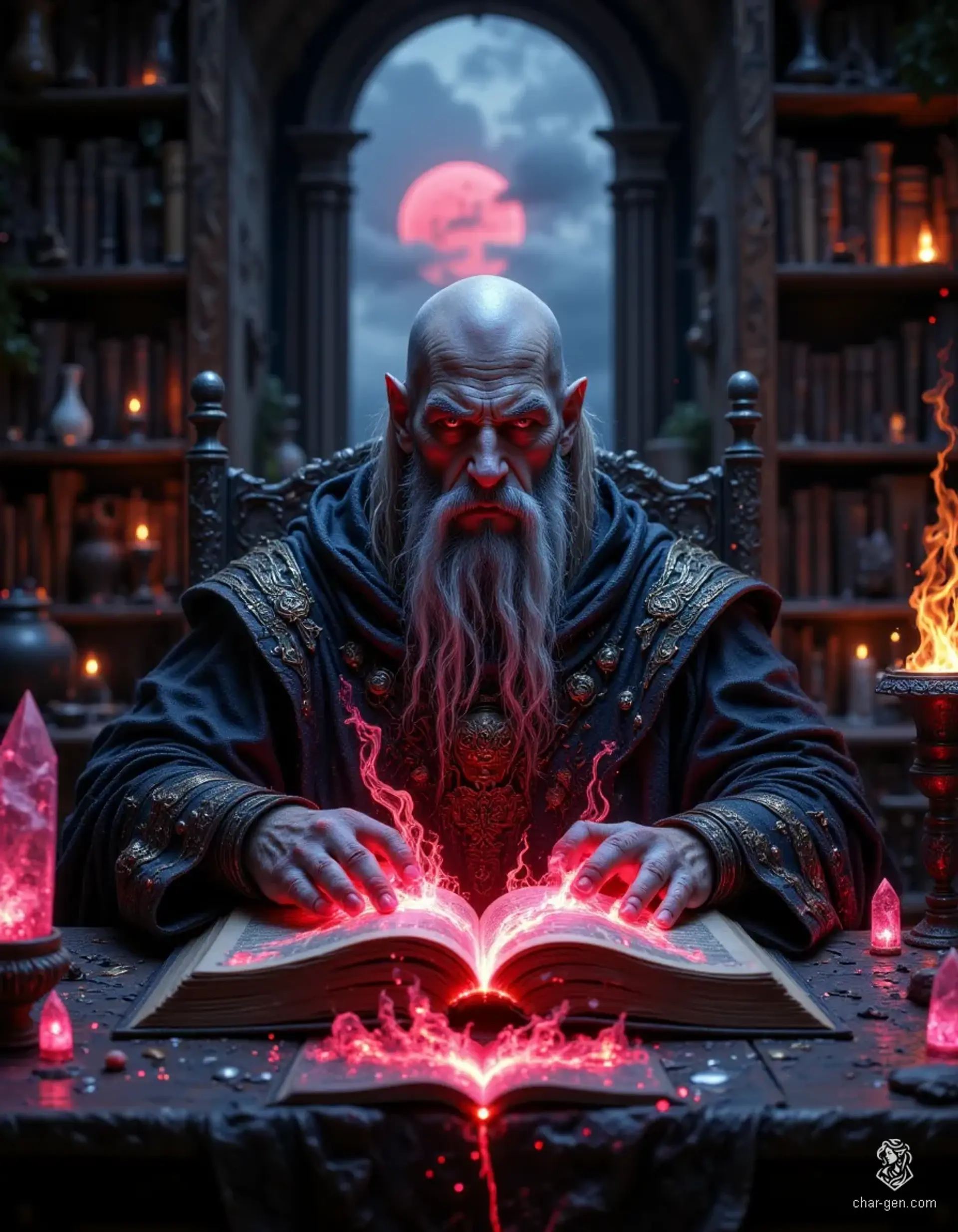 The Wizard Atharak, a formidable pyromancer, sits imposingly at his desk, a massive tome aglow with arcane symbols before him. His piercing pale blue eyes and intricately embroidered black robes exude a sinister charm, set against the eerie backdrop of a dawn sky and a full red moon.