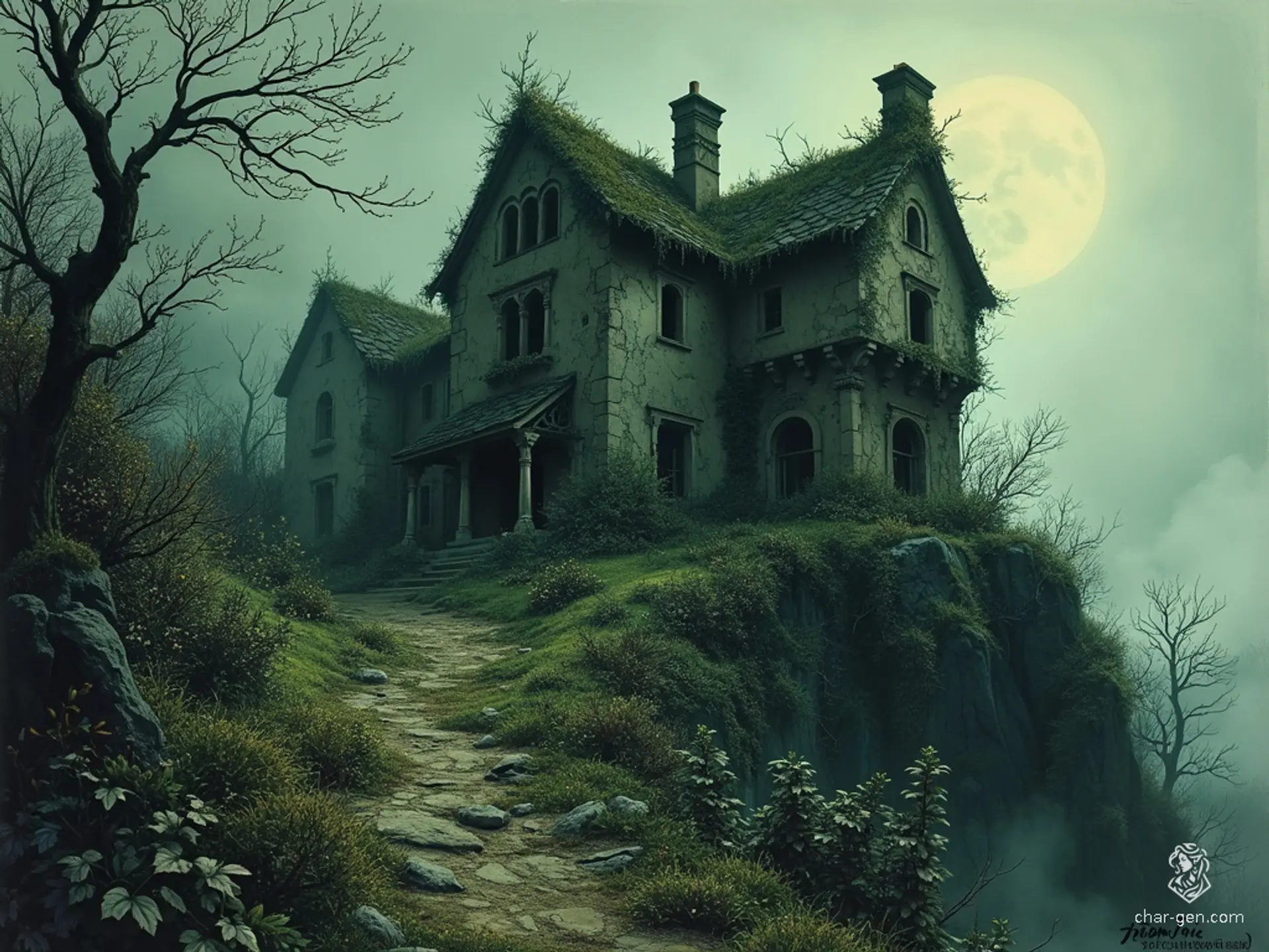 Perched ominously on a hill, a decaying manor stands with cracked stone walls overtaken by ivy. The roof is partially collapsed, while the garden lies choked with brambles. Inside, dark, musty halls echo with creaking wood and distant, ghostly footsteps.