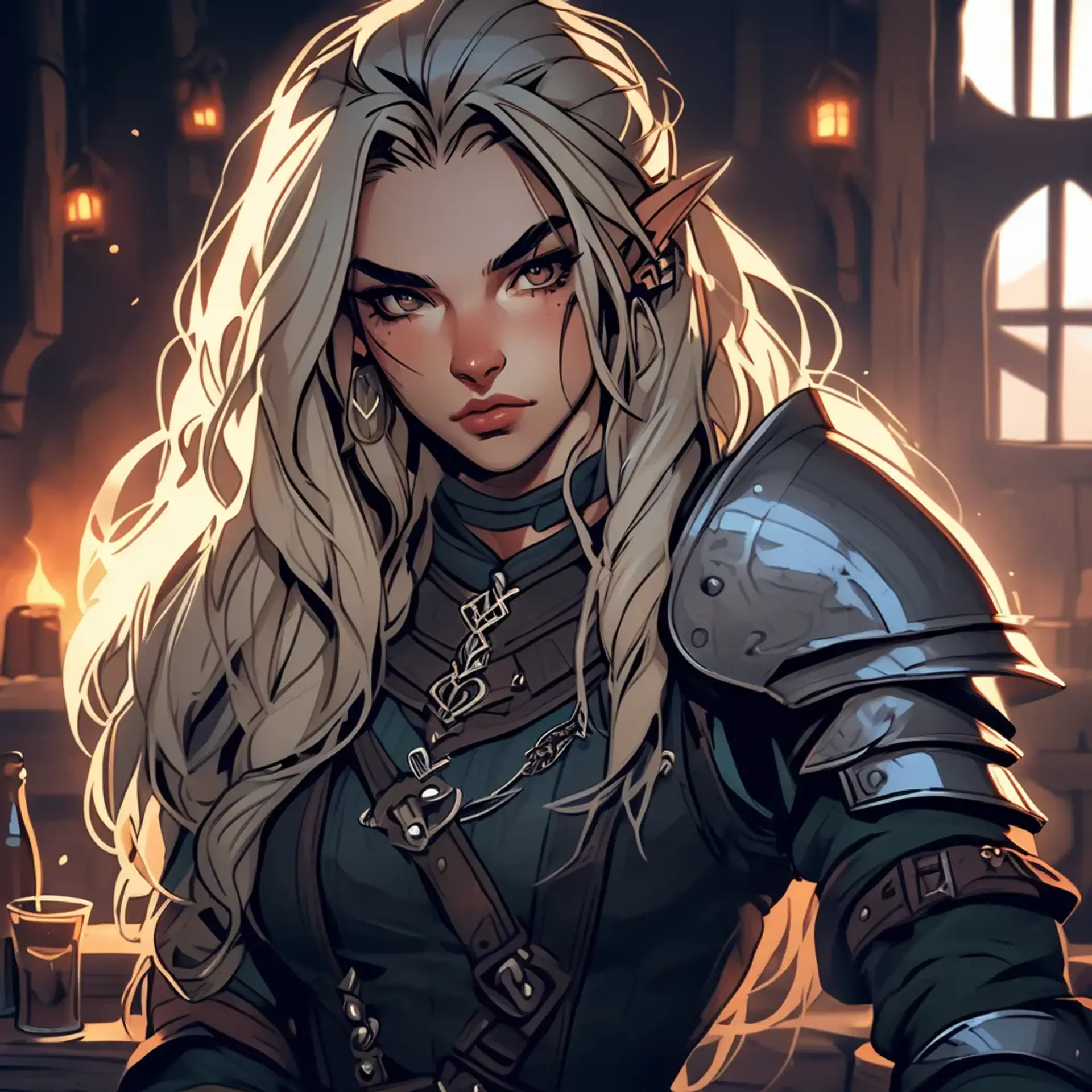 In a dimly lit tavern, a striking elven warrior captivates with her intense, defiant gaze and glowing eyes. Freckled and scarred, her rugged beauty is complemented by messy blonde hair and a form-fitting outfit that merges medieval elegance with mercenary grit, highlighted by a bold black choker.