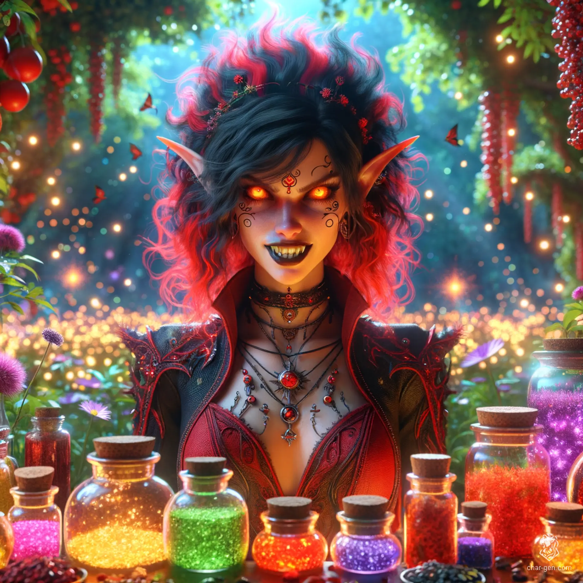A red-skinned Elf sorceress exudes an aura of magic, with ember eyes and frizzy black and red hair. She works as an apothecary, surrounded by herbs and potions in an atmosphere of medicinal aromas. Her enchanted garments, adorned with arcane sigils, enhance her menacing grin and razor-sharp teeth.