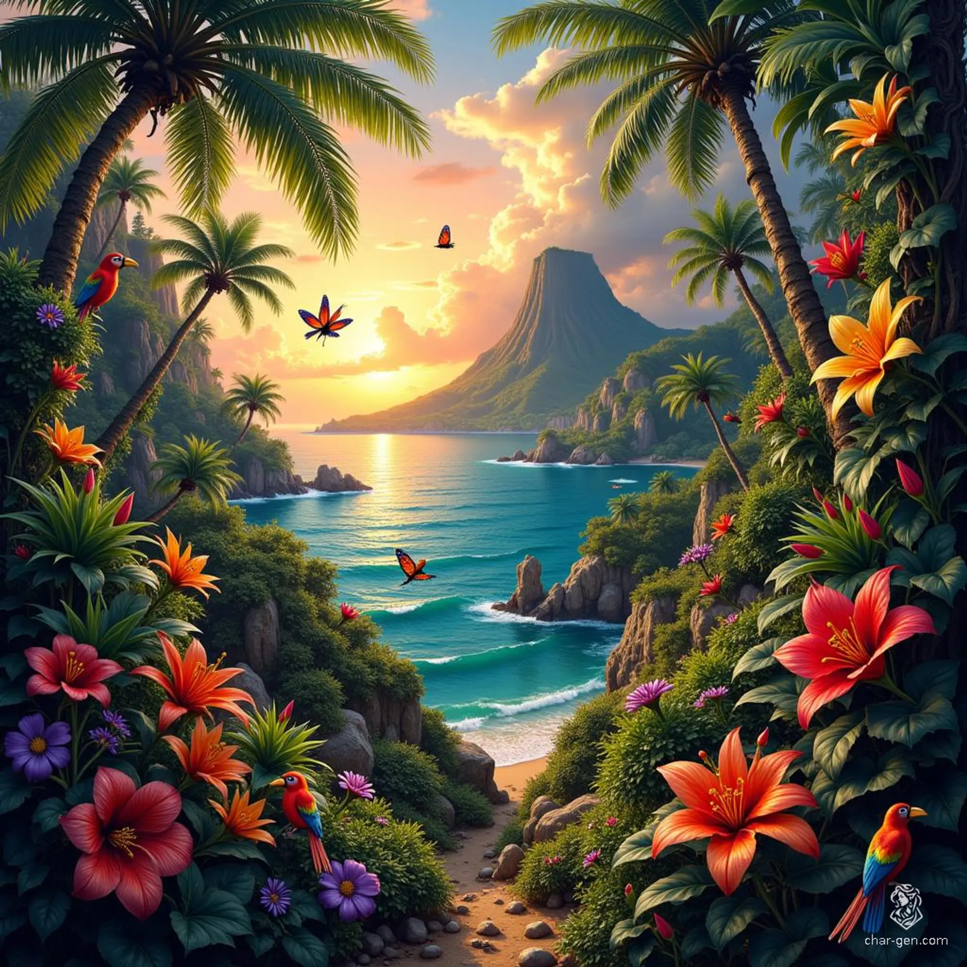 A lush jungle island bursts with vibrant color, where towering palms and thick vines cradle a cacophony of exotic blooms. Tropical birds soar through the vivid greenery, while flickering butterflies dance among flowers. Amidst this vivid beauty lurks an unsettling darkness, as shadowy figures blend into the undergrowth and a distant volcano looms ominously.