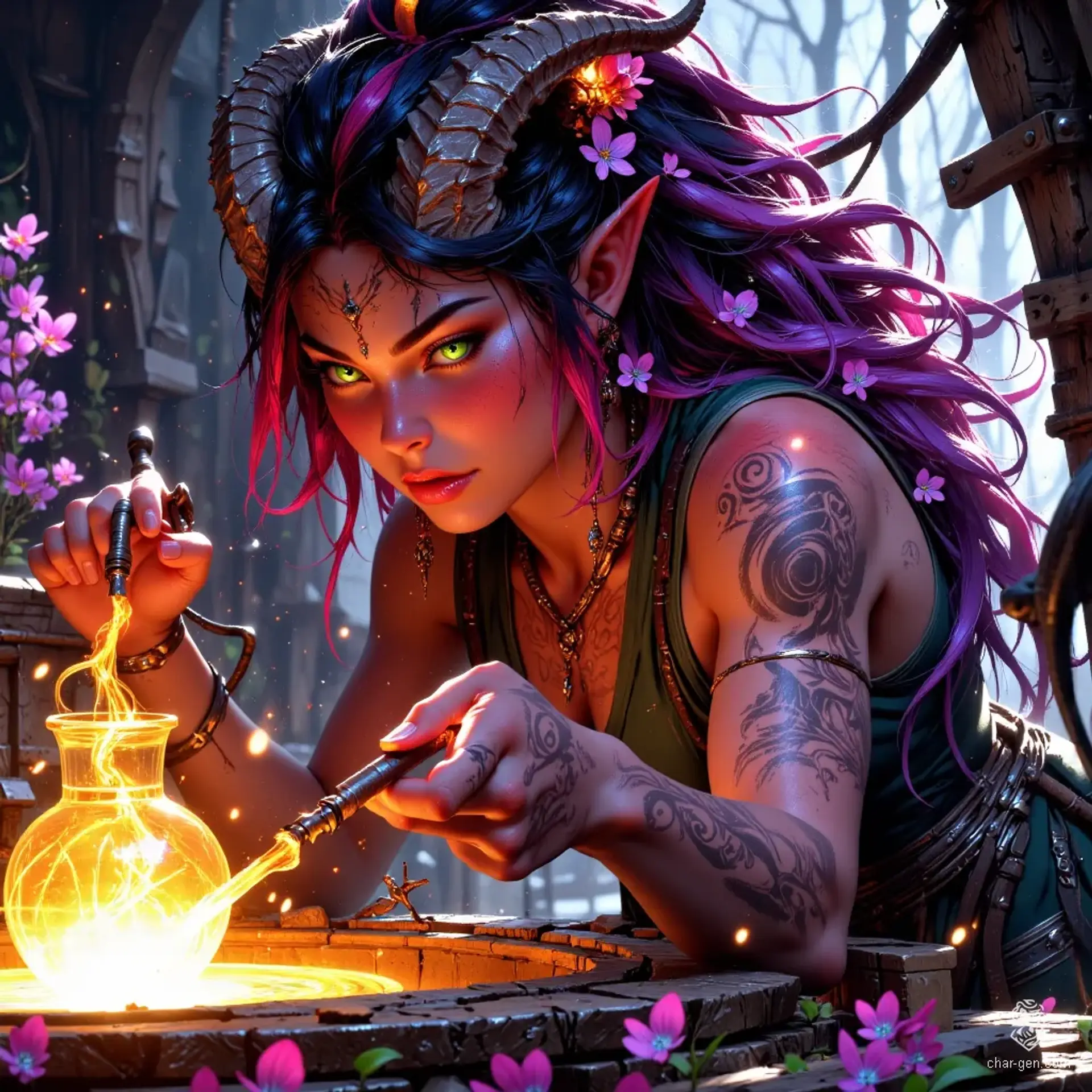 A vibrant tiefling sorceress, she embodies magic with bright green eyes and a wildflower crown of glass amidst her multicolored pink, blue, purple, and black hair. At 30, her mottled skin and devilish horns reflect her heritage as she expertly shapes molten glass by a roaring furnace, surrounded by dazzling creations.