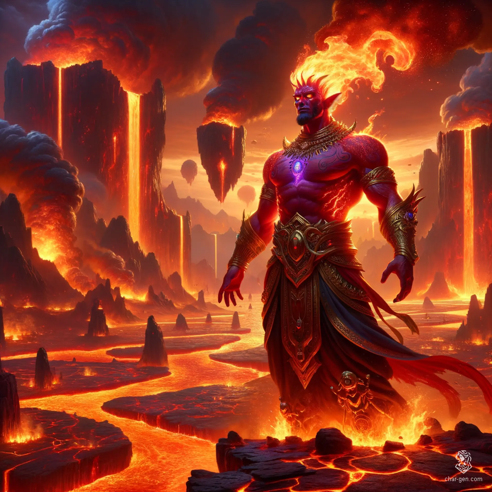 The Efreeti is a towering, muscular genie with crimson skin and fiery hair, adorned in opulent golden armor and jewelry. Its piercing black eyes and commanding presence exude heat, with flames occasionally leaping from its burning red skin.