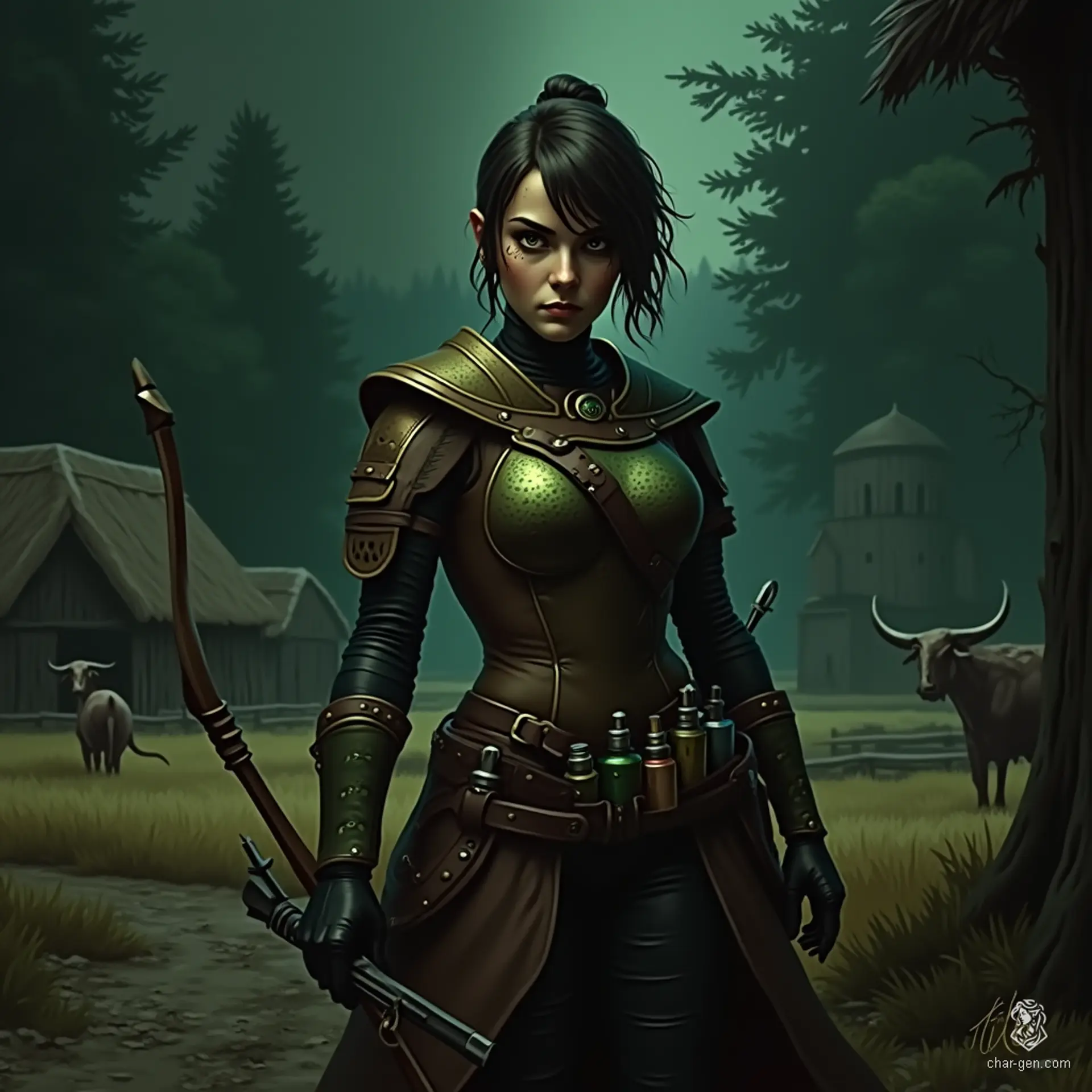 Izzy is a grizzled halfling assassin, standing 1.5 meters tall. Her medium-toned skin, adorned with shimmering green scales, complements her solid yellow-green eyes. Clad in tight brown leather armor and wielding a heavy crossbow, she exudes a tense yet joyful aura as she patiently awaits her prey in the shadows.