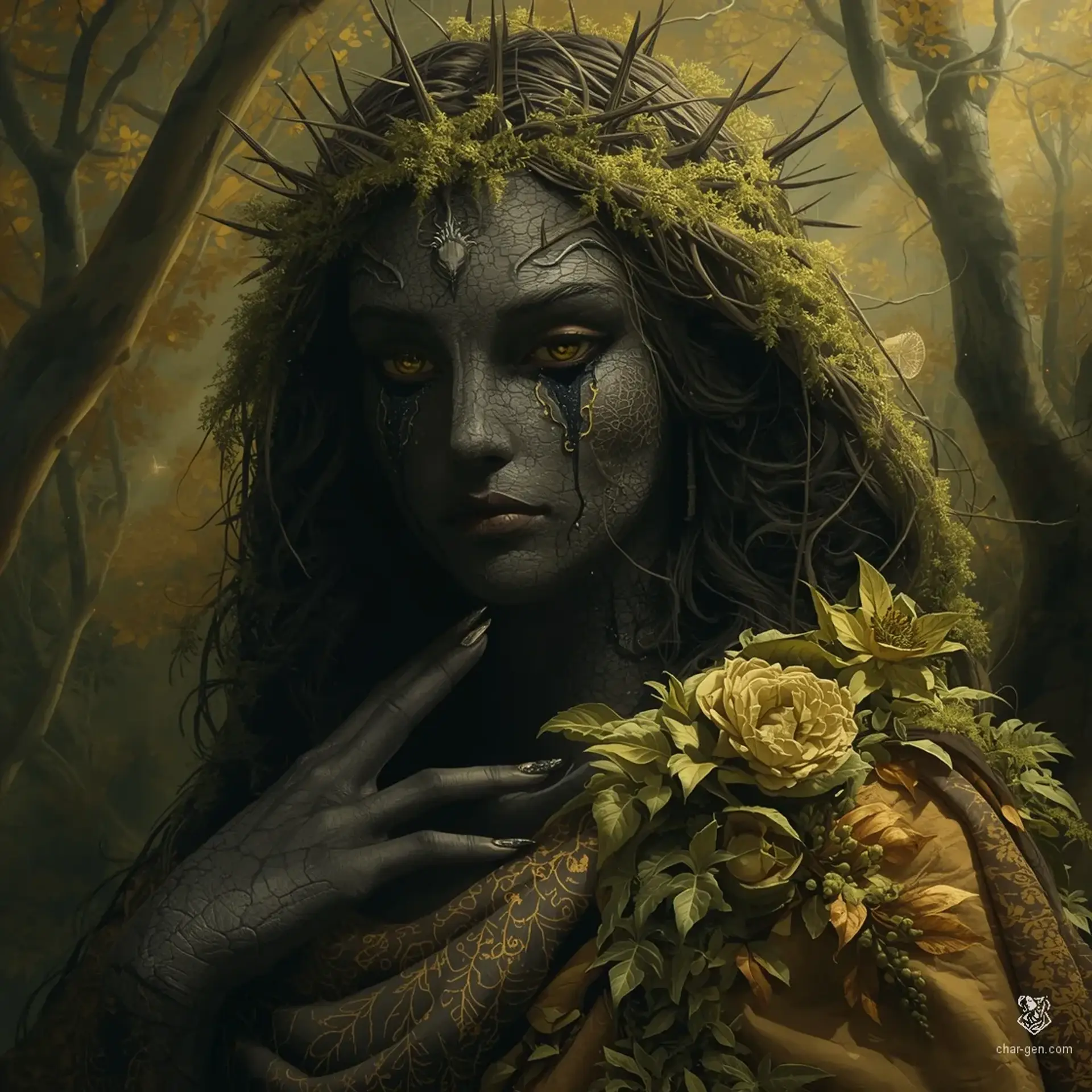 Aeldra of the Green Throne - AI-generated fantasy NPC