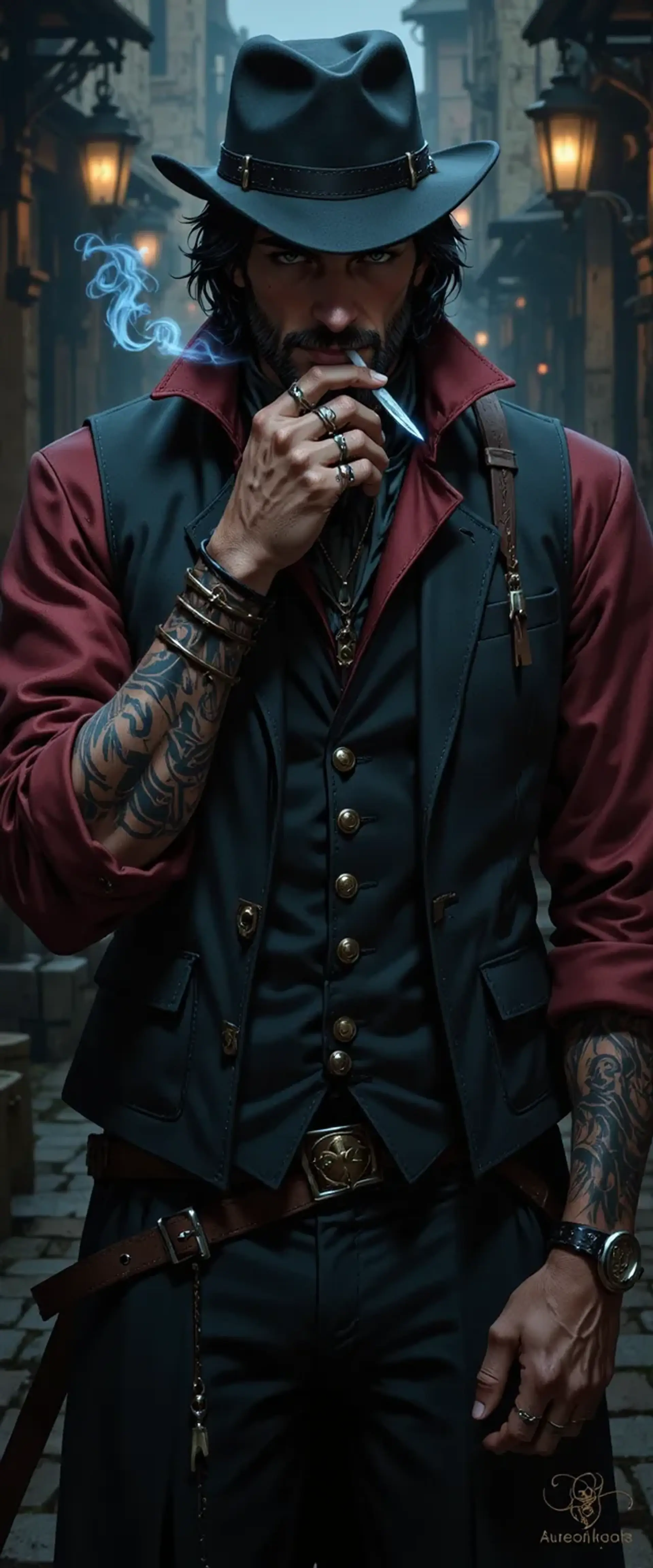 A middle-aged human rogue with a stealthy, light-footed stance. He sports greying black hair, frown lines, and a sly smile. Dressed in Victorian-style black jacket, red shirt, and black pants, he wields a translucent blue dagger in one hand and casually smokes with the other.