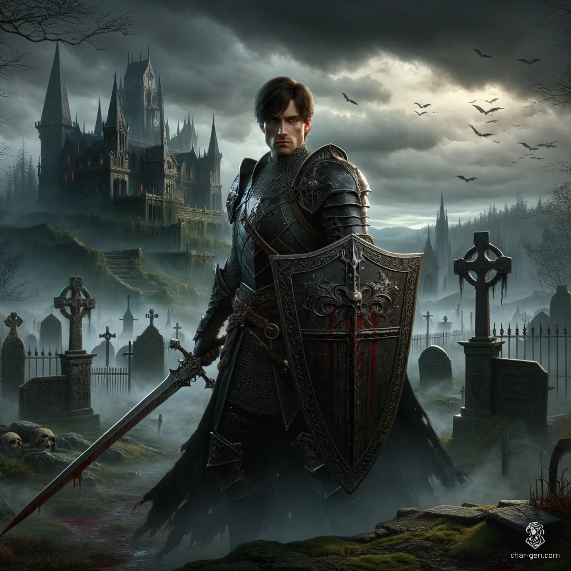 Marcus Thorne, a 25-year-old fair-skinned human Paladin with striking blue eyes and espresso brown hair, once a noble champion and protector, now bears a haunted aura. Standing at 6'4" and weighing 210 lbs, he wields a longsword and intricately detailed shield. Distinctly dignified and charming, Marcus's unwavering loyalty turned sinister when a demonic possession corrupted his oath, casting a shadow of evil in his eyes and leaving him in somber chainmail.
