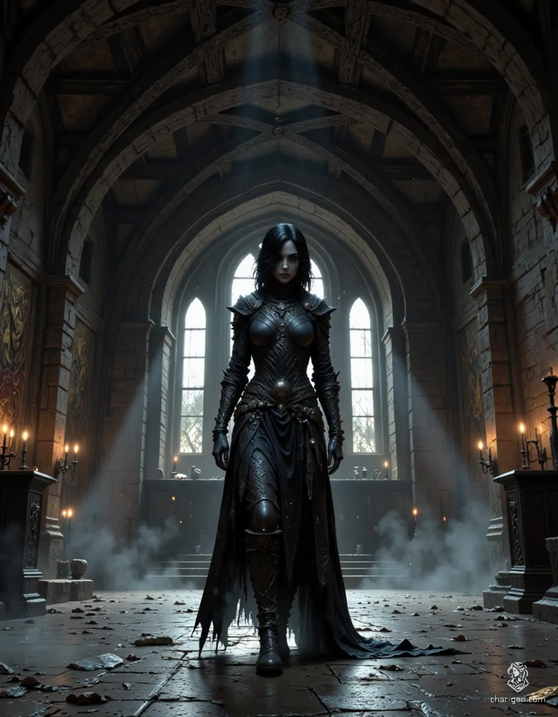 In the depths of a shadowy castle, a young female assassin glides effortlessly through the night. Her jet-black bob frames a pale face, accentuated by form-fitting leather armor that highlights her curvy figure. With daggers hidden expertly on her person, she embodies both beauty and danger.