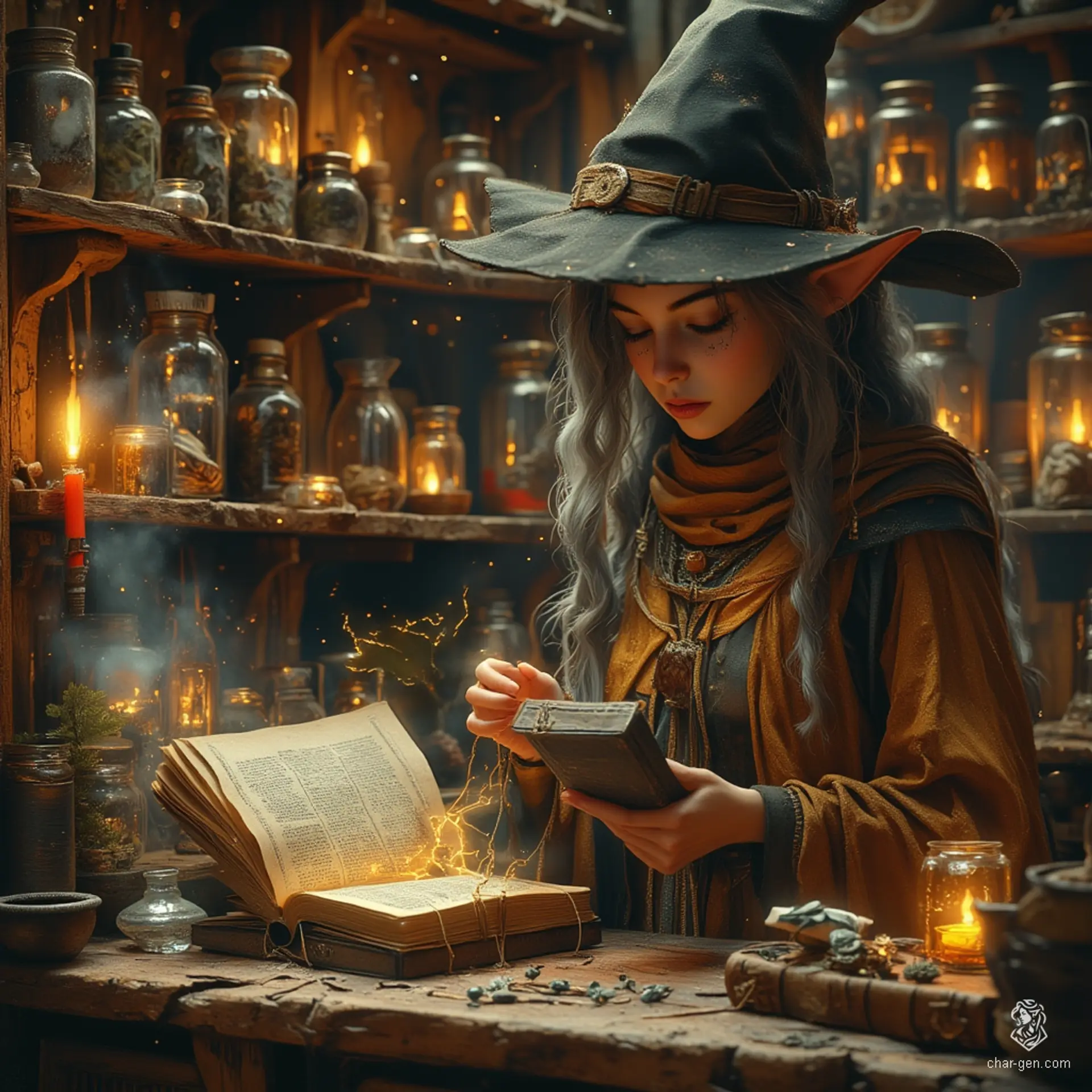 Maryam, the Apothecary Witch, is an elder elf with tanned skin and gentle wrinkles that reflect her wisdom. Adorned in practical, renaissance-inspired attire, she balances elegance with functionality. Surrounded by potion jars and herbs, her bright topaz eyes reveal a curious spirit, while her ghostly spider familiar adds an enchanting touch to her apothecary lab.