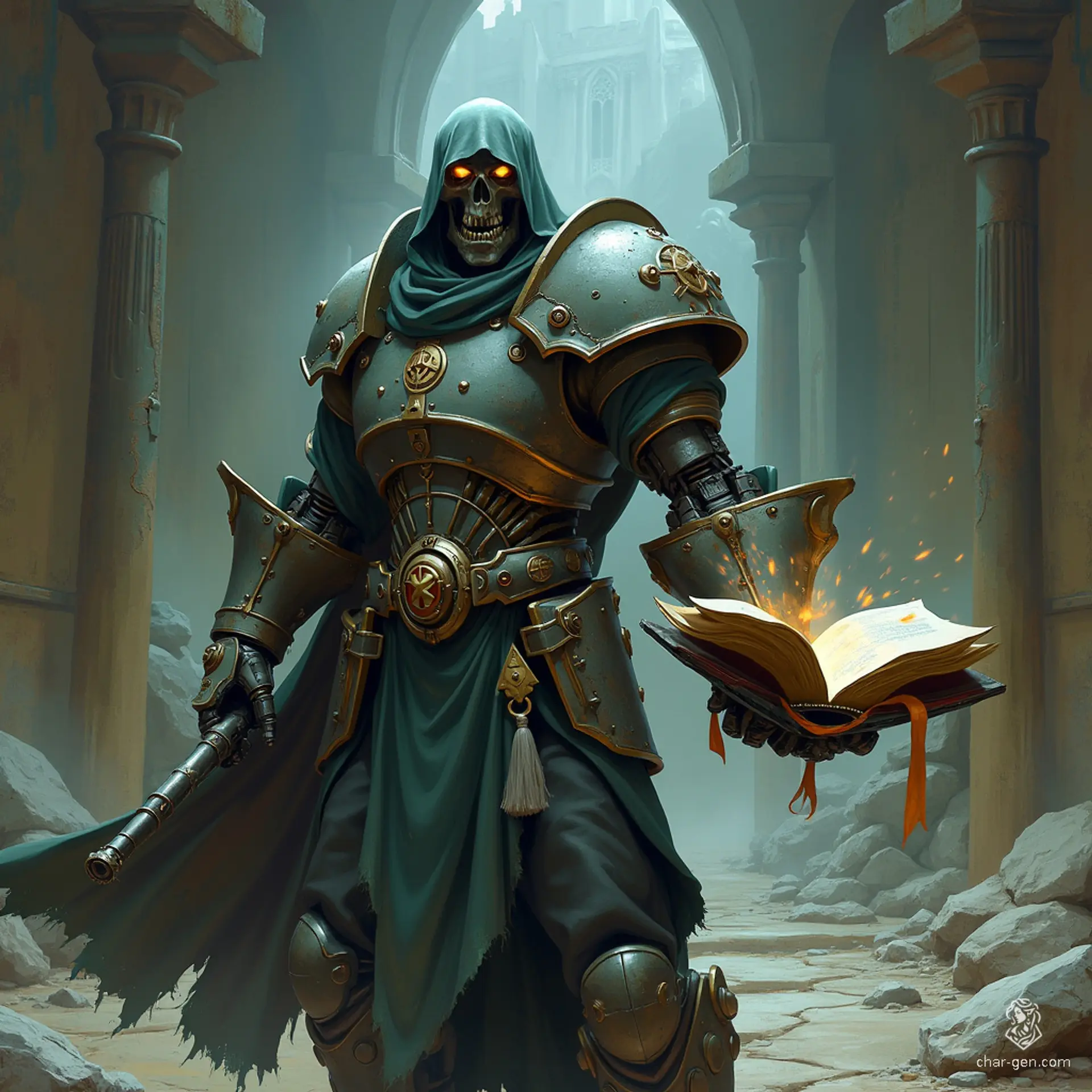 A Warforged wizard, adorned with glowing arcane sigils and enchanted garments, wields a magical tome or staff. This humanoid robot seamlessly blends ancient magic with mechanical prowess, casting powerful spells in its quest for knowledge and arcane mastery in the world of Dungeons & Dragons.