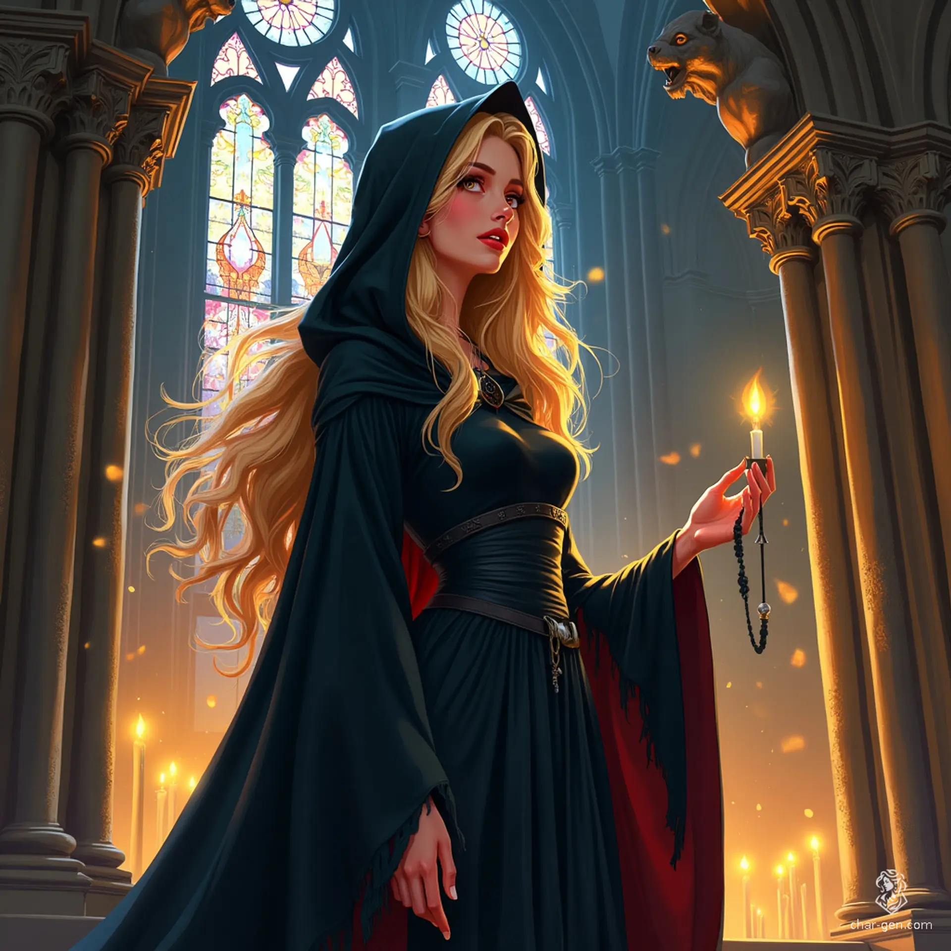 A Gothic priestess with human features, this blonde, hooded cleric exudes an aura of serene allure. Draped in intricate robes and adorned with a prominent holy symbol, she embodies both divine grace and seductive mystery.