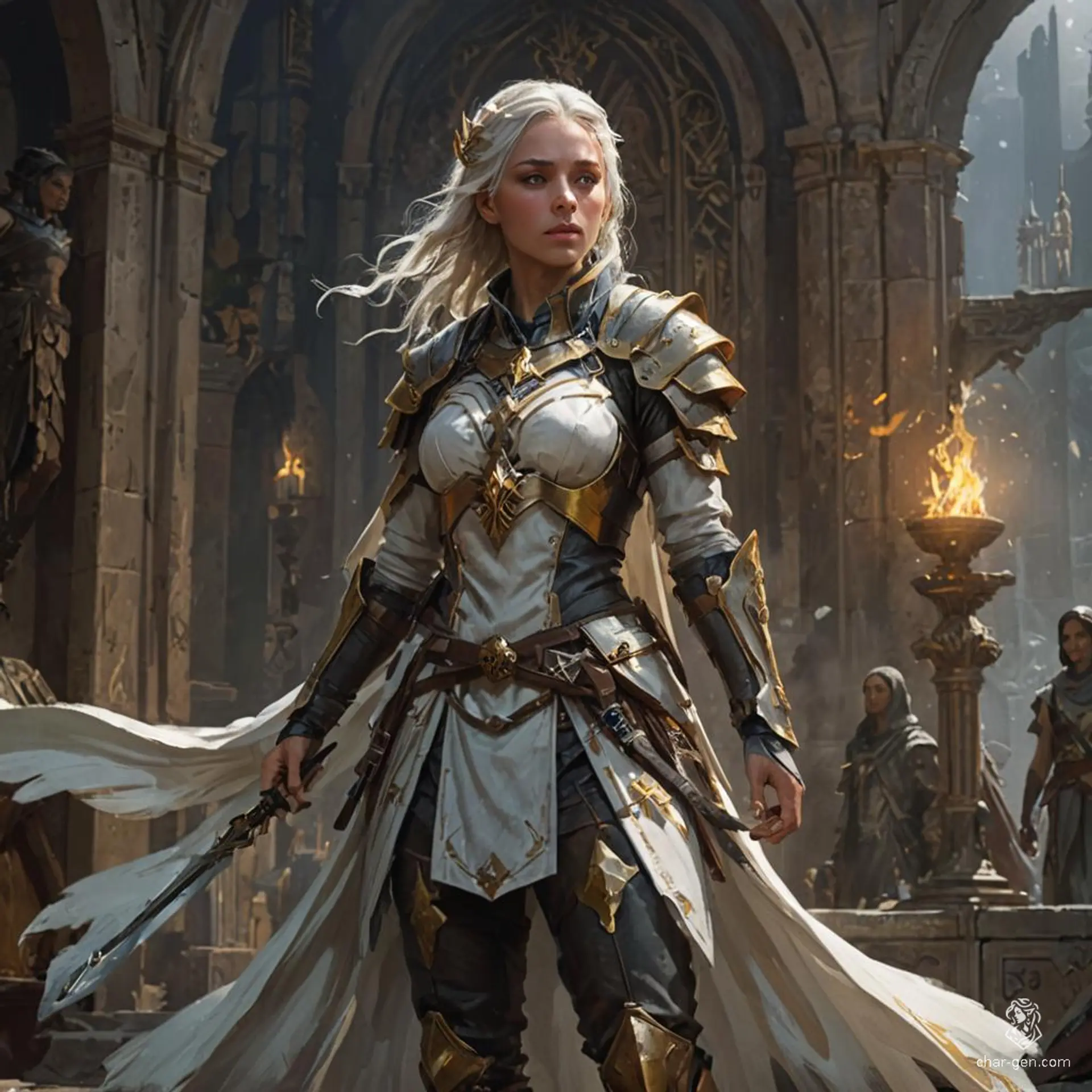 Hailing from the vibrant Scottish city of Edinburgh, this female Aasimar cleric exudes a subtle, holy glow. With angelic grace, her unusual eyes captivate. She bears a prominent holy symbol, radiating serene tranquility.