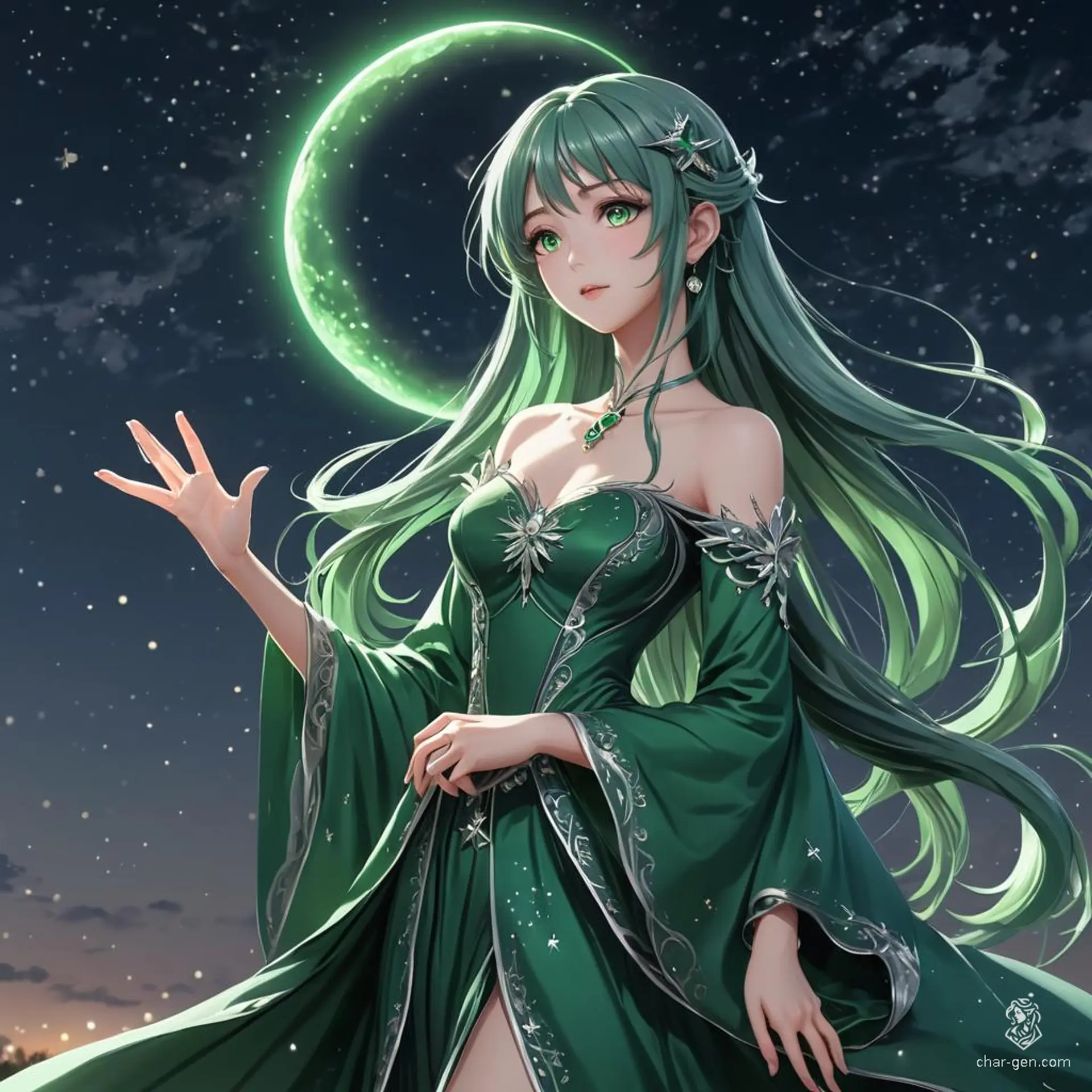 A life-size, 4K anime-style fantasy female character exudes ethereal charm with long dark green hair tinged with silver highlights. Wearing a gown of shimmering moonlight, she extends one hand, cradling a crescent moon. Soft green eyes and a serene, mystical expression complete her radiant, star-surrounded appearance.