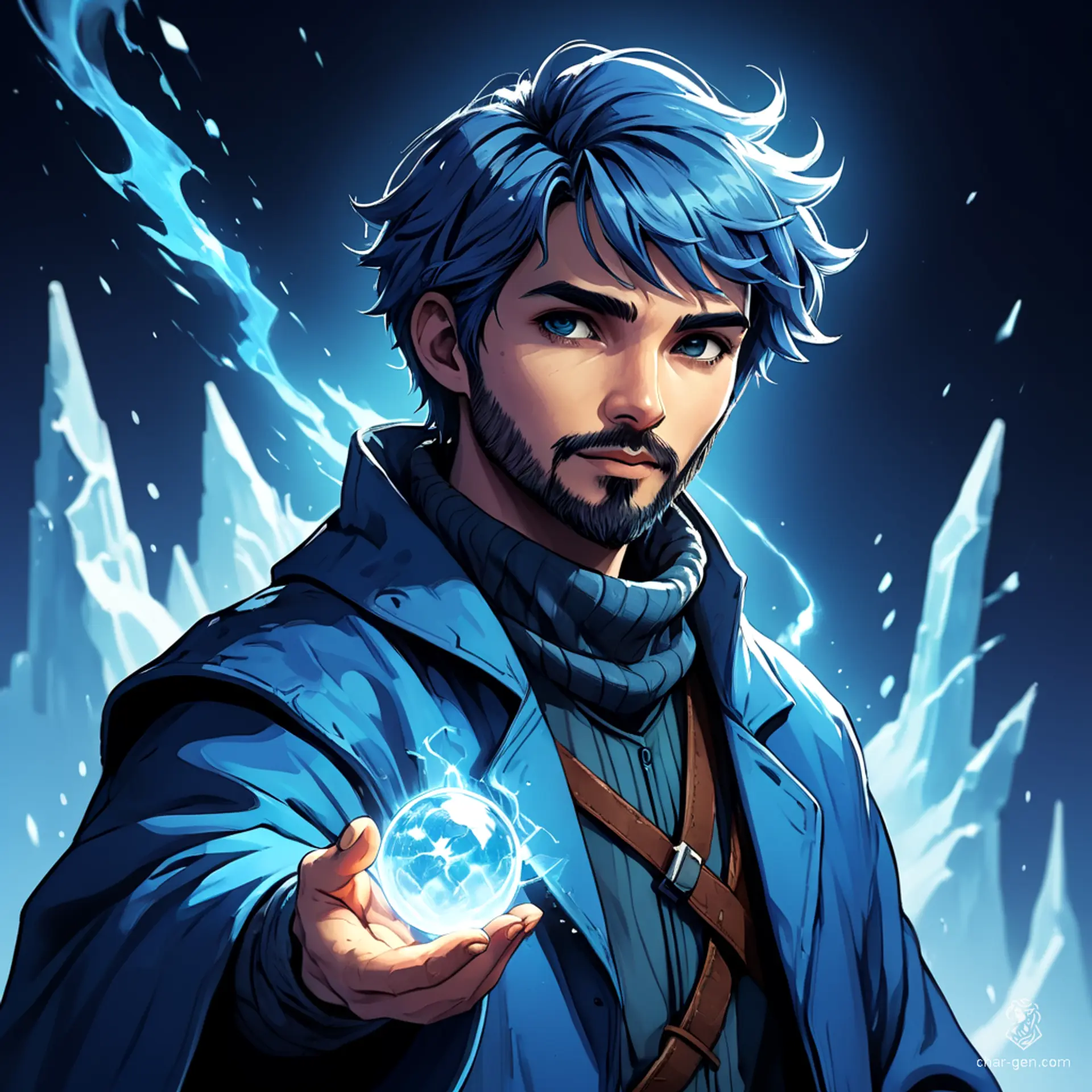 A human sorcerer clad in intricate winter attire, he wields formidable ice magic. With striking blue hair and a neatly trimmed beard, his vibrant, retro-futuristic anime appearance is both enchanting and powerful, embodying the essence of a master of frost.