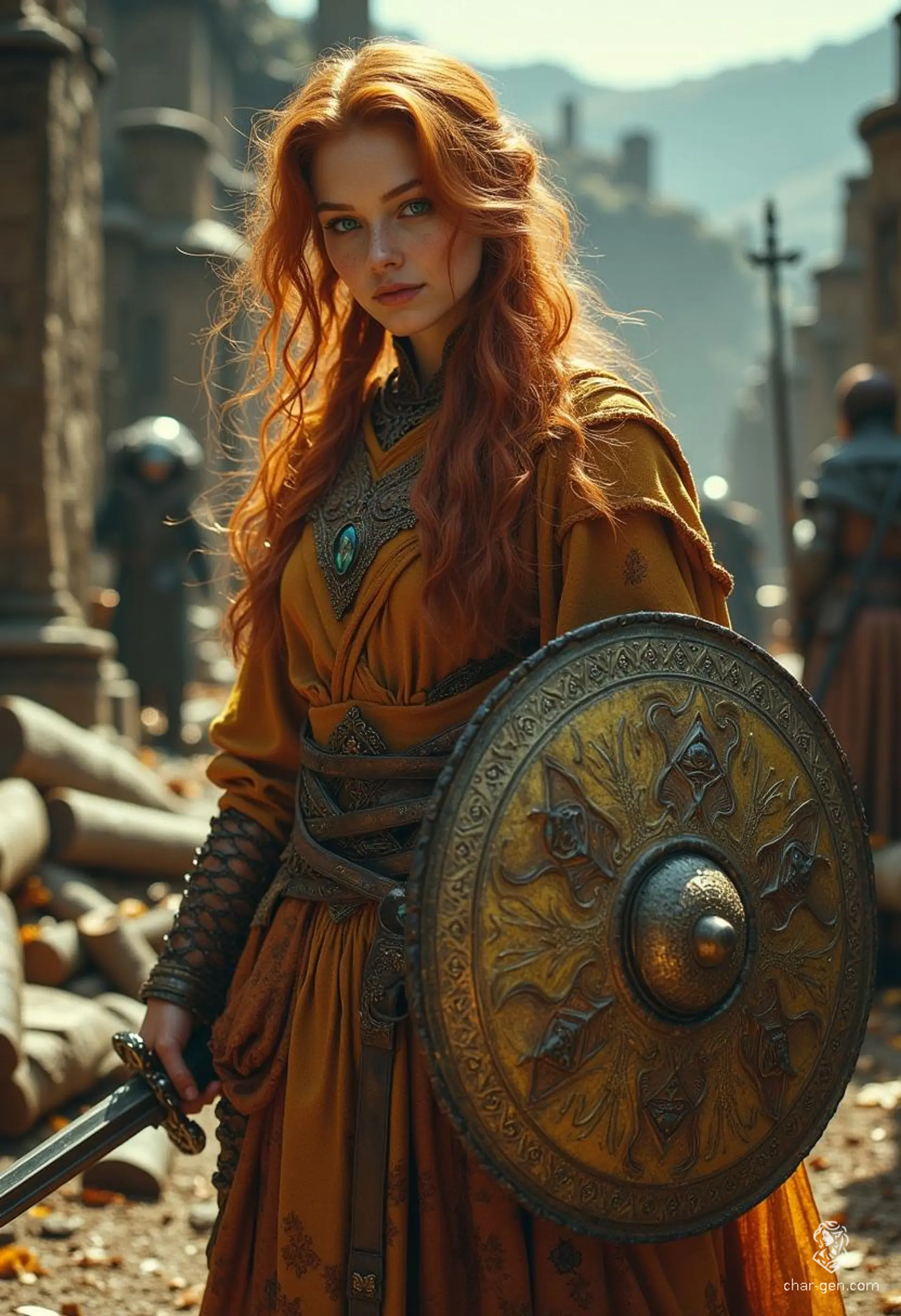 Verity, a 140-year-old Autumn Elf cleric, embodies a fierce yet serene warrior spirit. Clad in intricate armor with earthy tones and auburn hair adorned with autumn leaves, they wield a rapier and a broad shield, ready for battle. Their golden skin and azure eyes radiate wisdom and strength, guided by a chaotic independence.