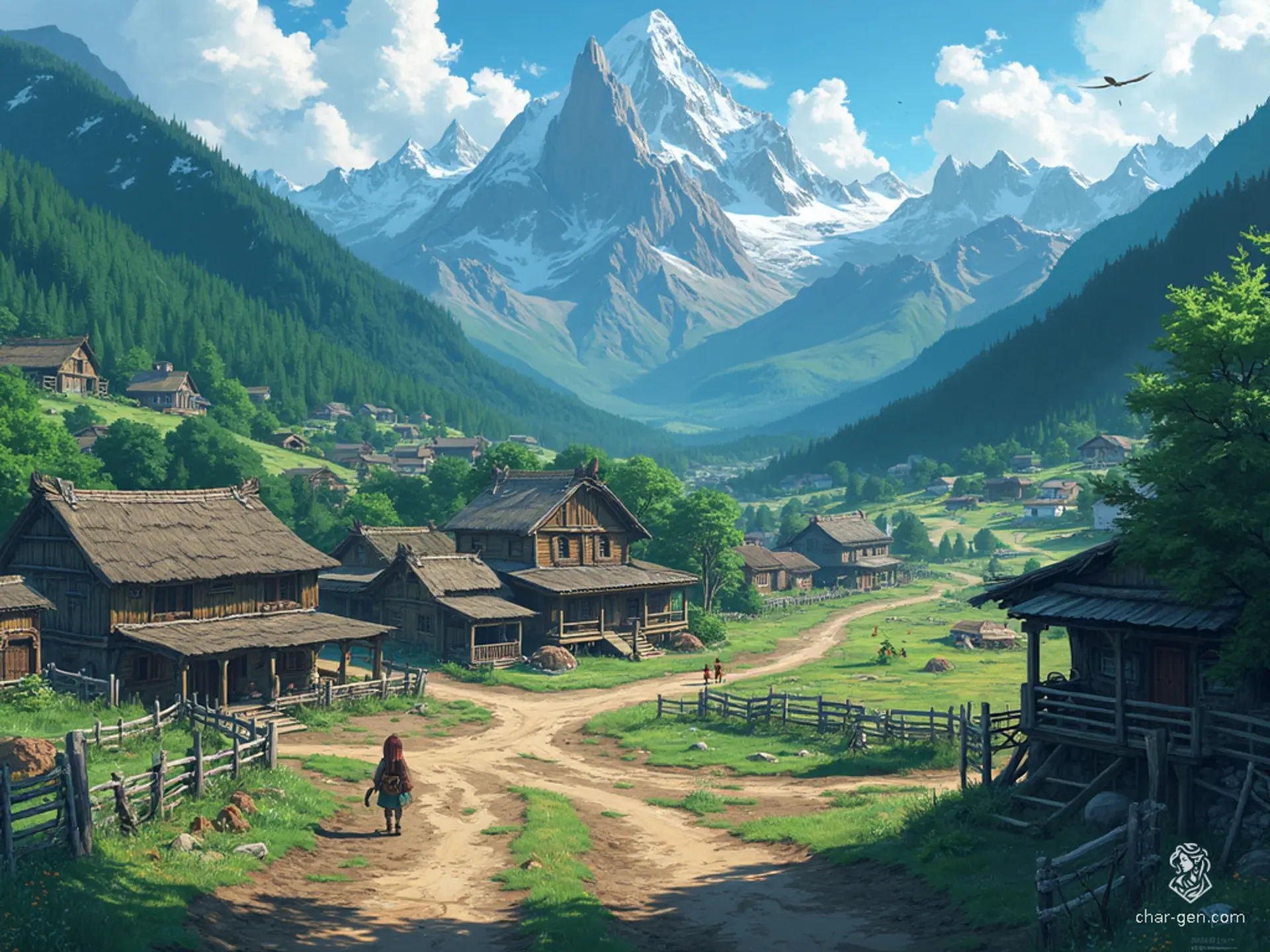 Nestled at the base of the formidable Sword Mountains, a small frontier town emerges. Rustic wooden and stone buildings with thatched roofs line muddy dirt roads, enclosed by low stone walls and simple farms. Encircling the town, dense forests and jagged peaks enhance its enchanting isolation.