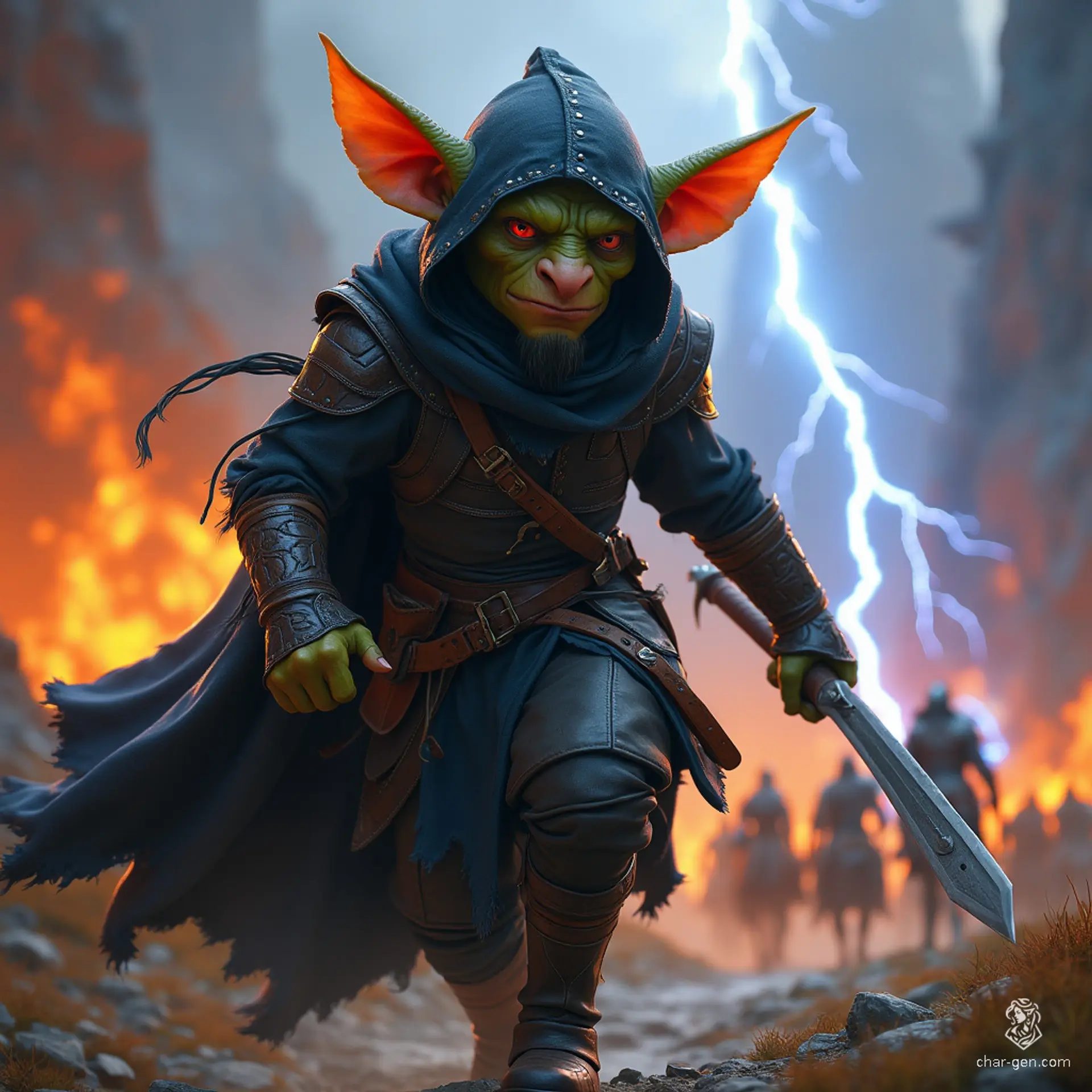 A tiny, 1-year-old male goblin-like creature with a stealthy look, this rogue dons black leather armor, embodying quick, light-footed movements. With exaggerated goblin features, he's built for agility and stealth.