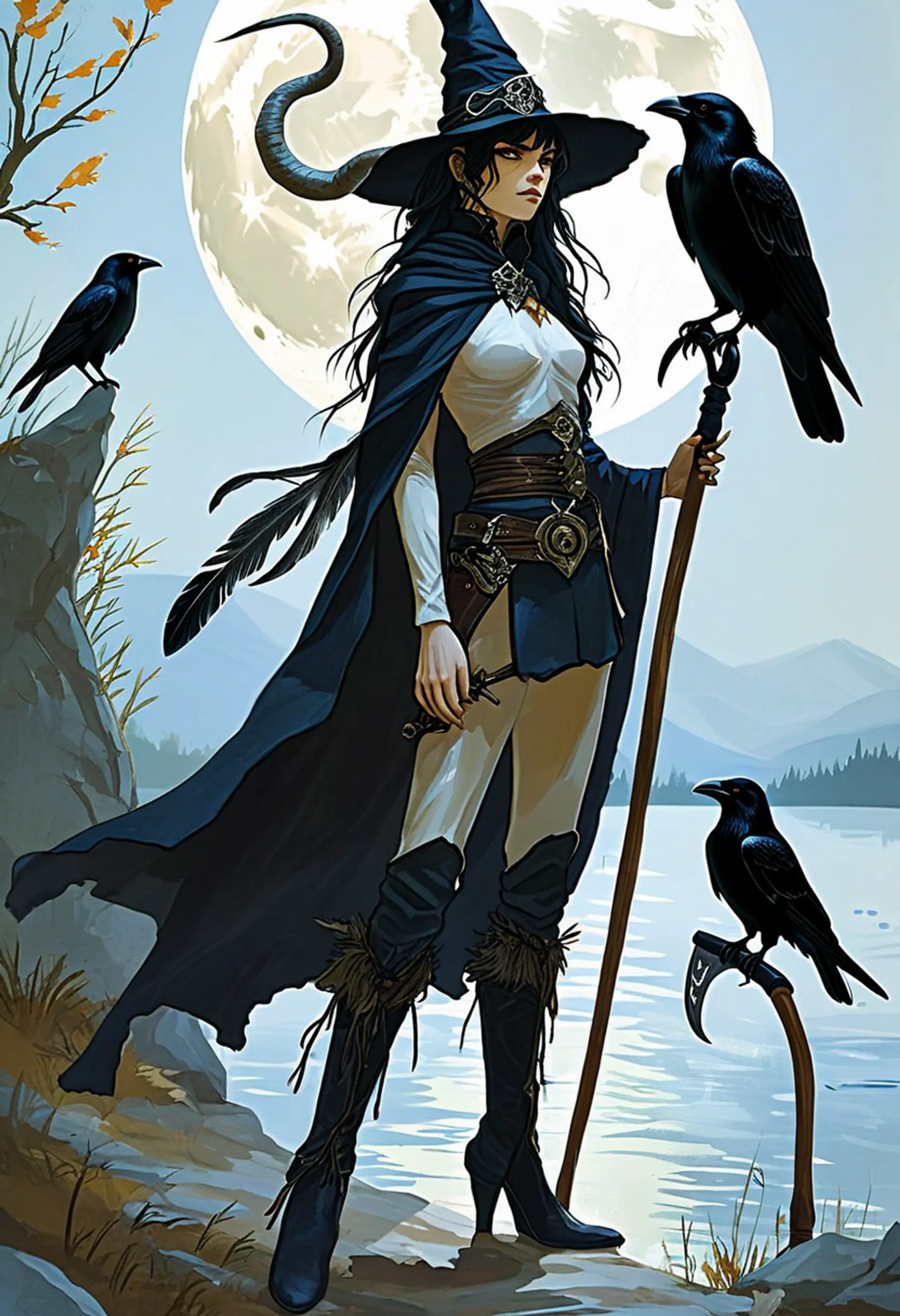 Branwen Umbra is a 230-year-old, transformed human cleric and sorcerer with ethereal alabaster skin and swirling silver-black eyes. Clad in intricate black robes and a wide hat, she wields a scythe and commands ravens, carrying the weight of a dark Feywild past while offering aid to those at journey’s end.