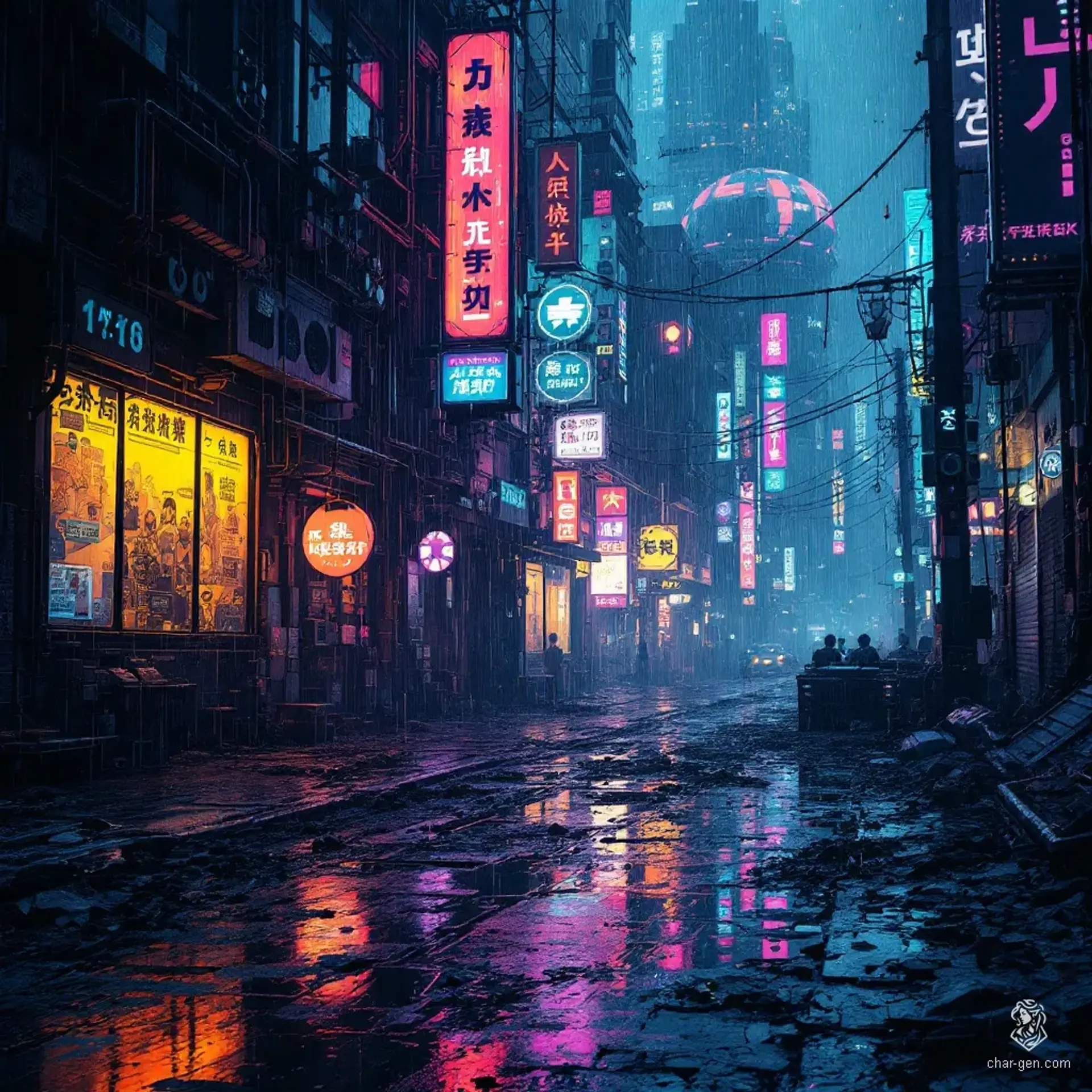 In a rain-soaked cyberpunk cityscape, this vibrant battlemap features crumbling skyscrapers glowing with neon colors. Holographic advertisements flicker amid the shadows, while slick alleyways hide tech-savvy thieves and lurking dangers. Trapped under the slick surface, secrets await discovery, challenging brave adventurers to navigate the urban decay.