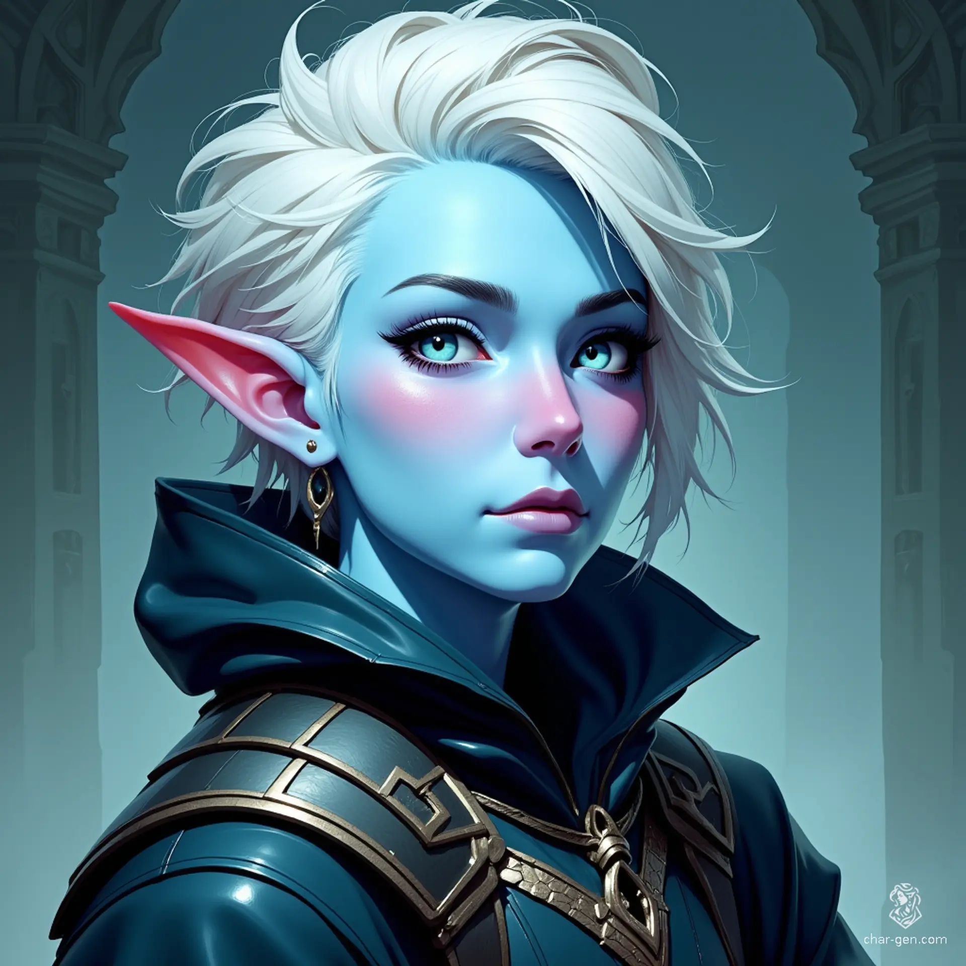 A striking female Tiefling with light blue skin and short, shaved white hair captivates with her otherworldly beauty. Her photorealistic design highlights intricate details, radiating a powerful aura of magic and mystery, perfect for any high-fantasy realm.