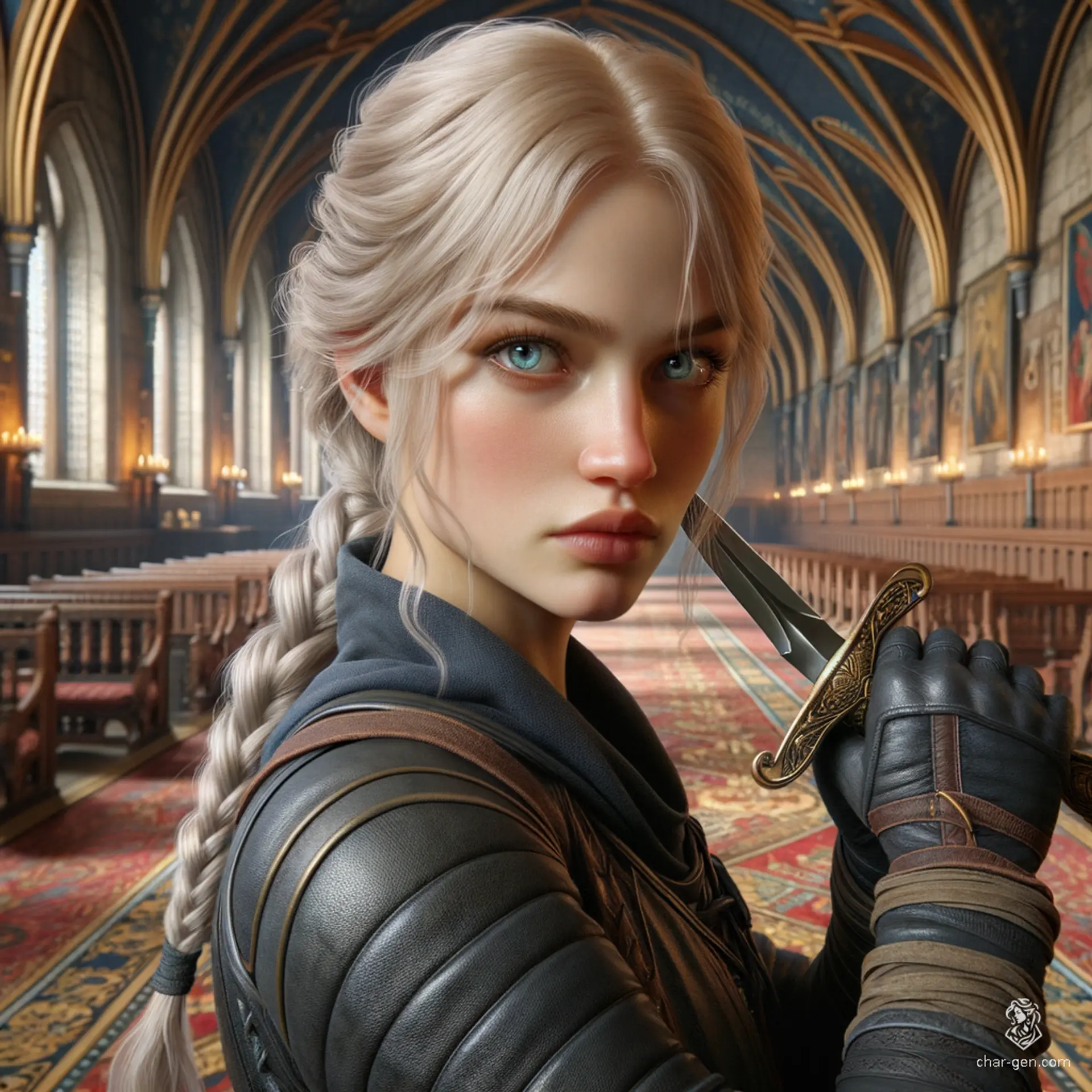 Lillian Gordiana, a 19-year-old human rogue and spy, stands at 5'6" with a medium build and pale skin. Nimble and hardy, she excels in stealth and intelligence. Clad in intricately detailed leather armor, her piercing turquoise and gold eyes and braided blonde hair mark her enigmatic charm. A dagger is her weapon of choice.