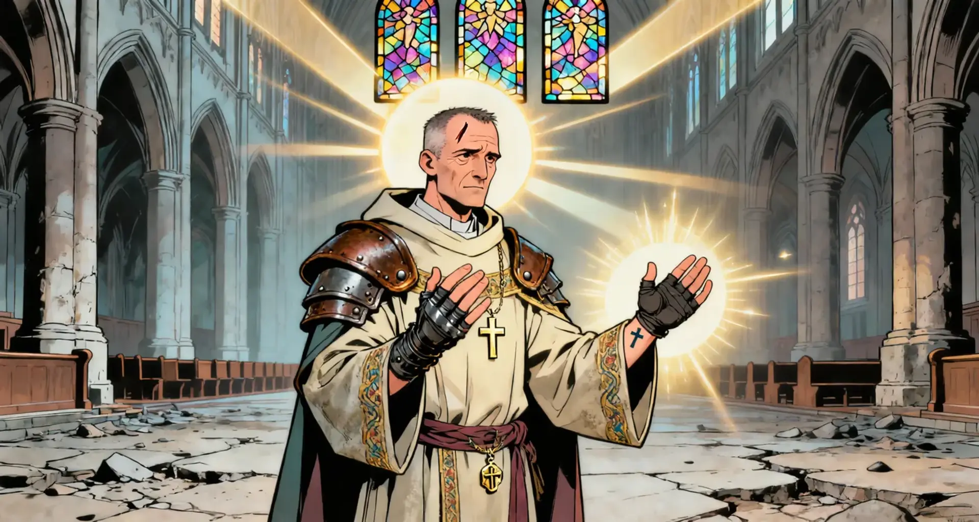 Tall, broad-shouldered cleric with weathered, sun-kissed skin and silver-streaked dark hair braided at the nape. Calm gray eyes, a steady gaze, and callused hands cradling a worn holy symbol. Robes neatly kept, leather bracers scarred from past battles; aura of quiet strength.