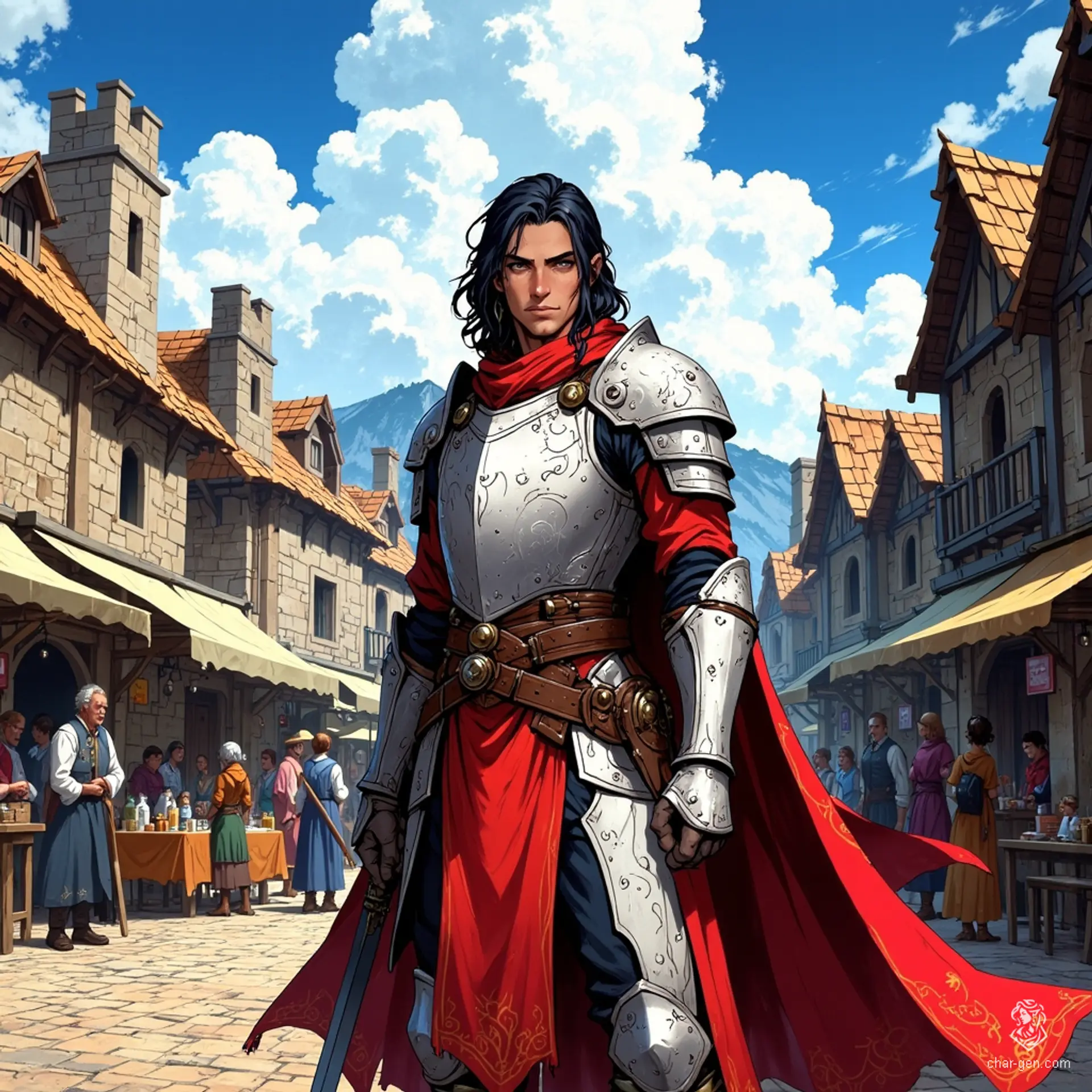 A vigilant human guard, clad in striking red and white armor accented with a flowing red cloak, patrols the city streets. With thick black outlines highlighting their realistic features, they embody strength and duty, always prepared to protect the gates against any threat.