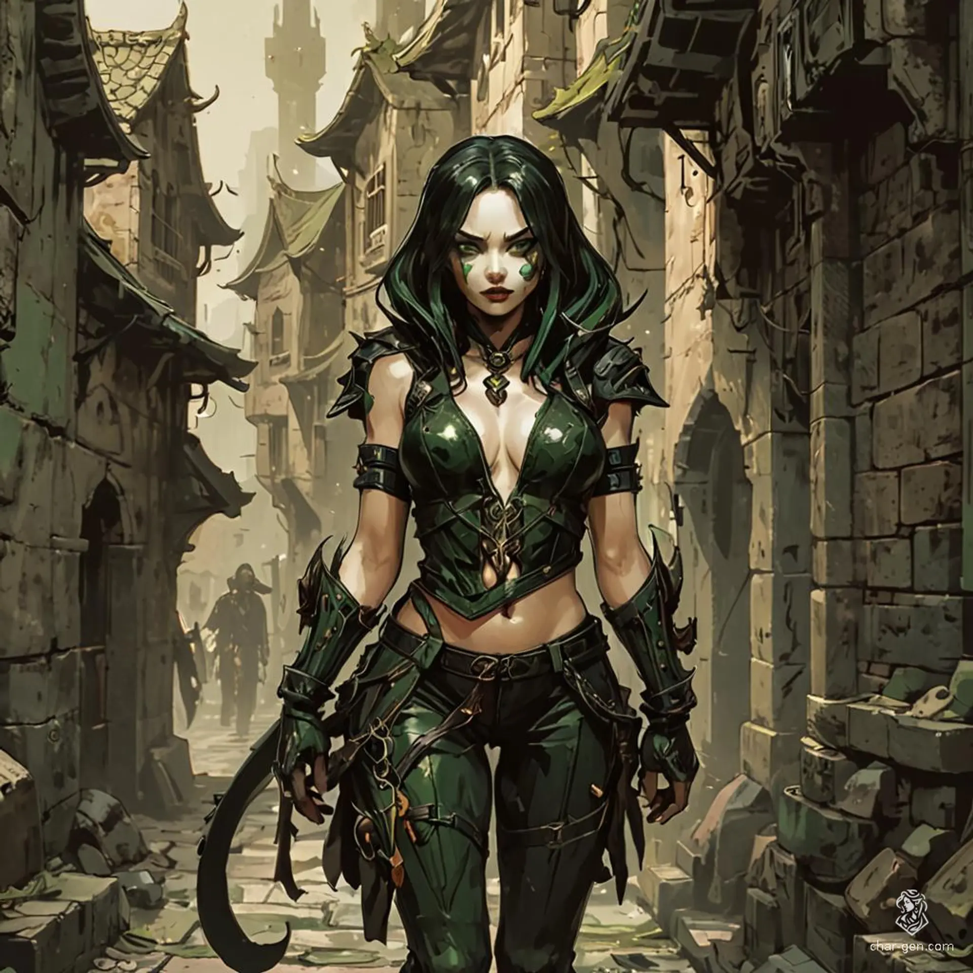 In a dimly lit alley of a medieval city, a fierce yuan-ti rogue proudly displays a severed vampire head. Adorned in leather armor for stealth, her green scales shimmer ominously, while her forked tongue and serpent-like visage reflect her cunning nature. A true predator of the thieves' guild.
