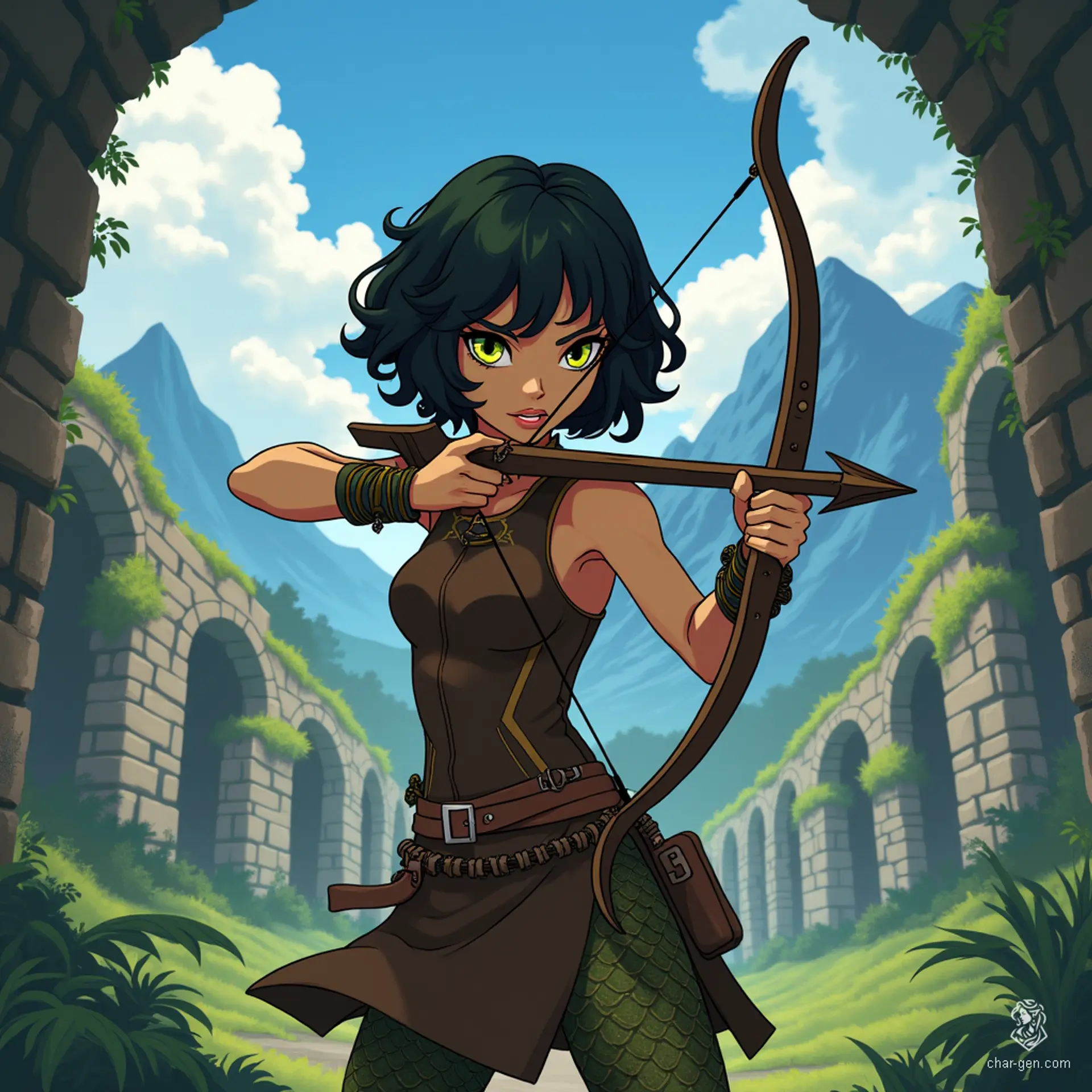 Izzy, a newly emancipated halfling assassin, blends grace with danger. Her medium-toned skin is adorned with shimmering green scales, and her solid yellow-green eyes peer menacingly from beneath curly hair. Clad in practical brown leather armor, she wields a heavy crossbow, poised for the thrill of the hunt.