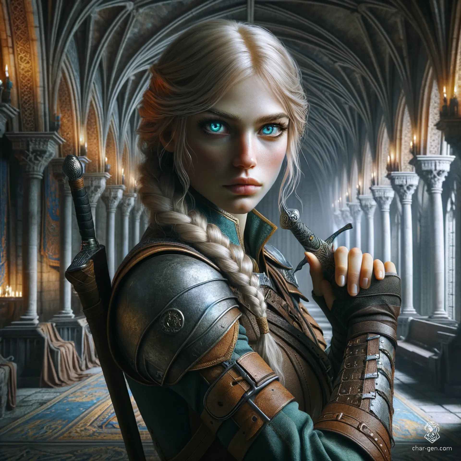 Lillian Gordiana, a 19-year-old human rogue, stands 5'6" with a medium build and pale skin. Keenly intelligent and charming, she's a skilled assassin and spy, wielding a dagger with precision. Her turquoise eyes with gold centers and intricately detailed leather armor give her a distinct, stealthy look.
