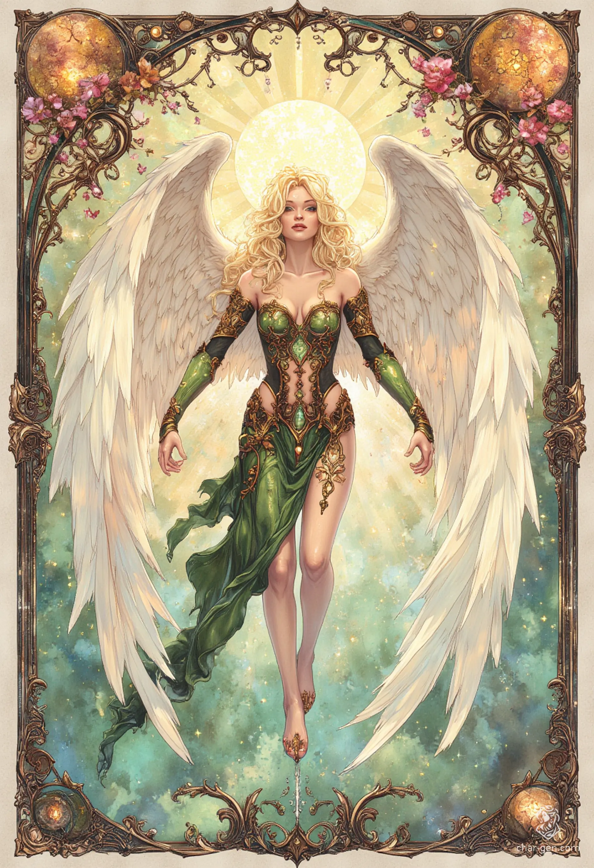Sigarda, a stunning female angel, gracefully floats through the sky adorned in shimmering green and gold armor. Her golden hair flows elegantly around her pale skin, while her solid gold, glowing eyes captivate all. Surrounded by intricate floral motifs, she embodies the harmony of nature and divine beauty.