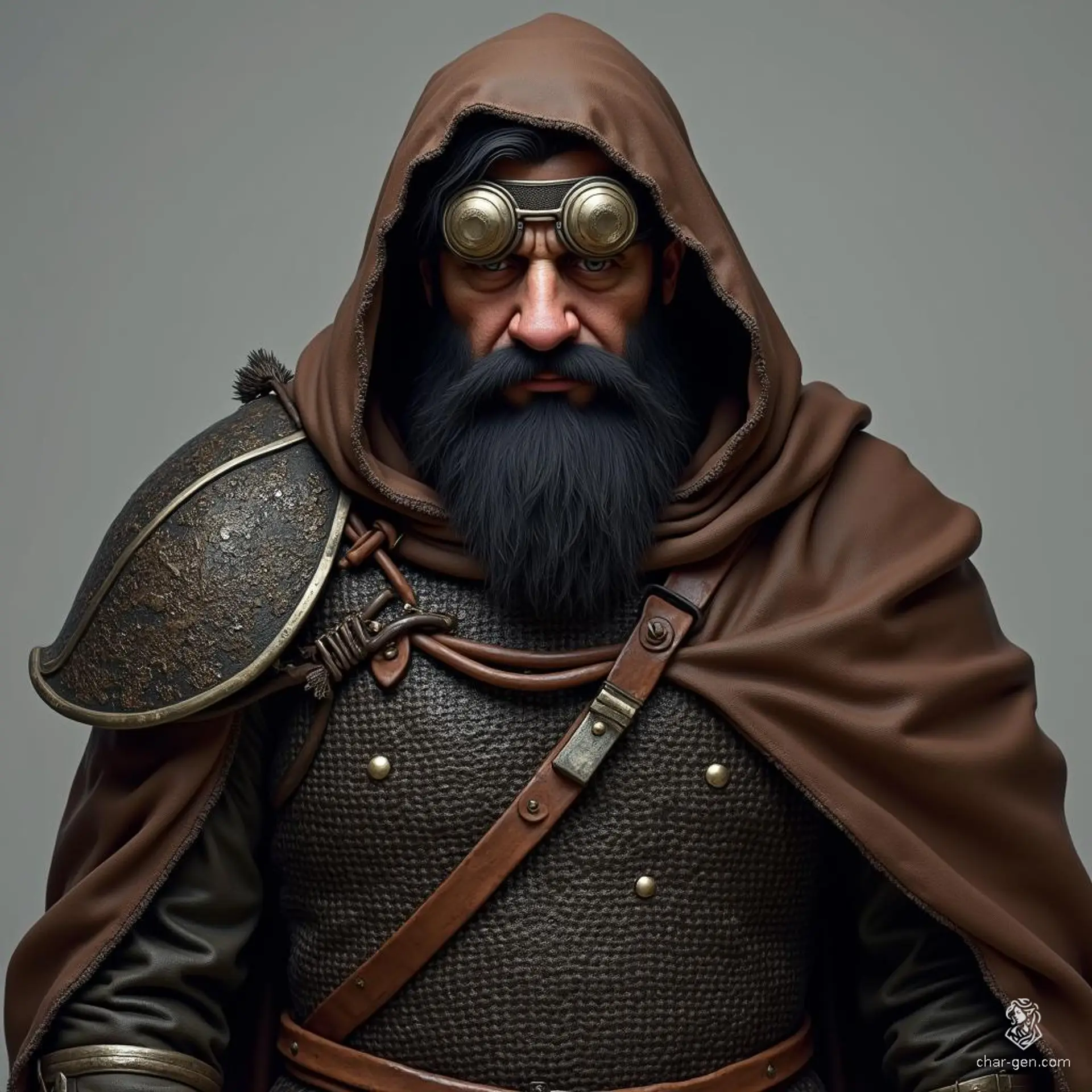 Baldrin, the shadowy dwarf, is a formidable warrior clad in chainmail armor beneath a weathered brown cloak. His medium black hair and thick beard frame a rugged face, while dark skin hints at his ancestral roots. With his keen goggles, he navigates both the battlefield and the mysteries of the underground.