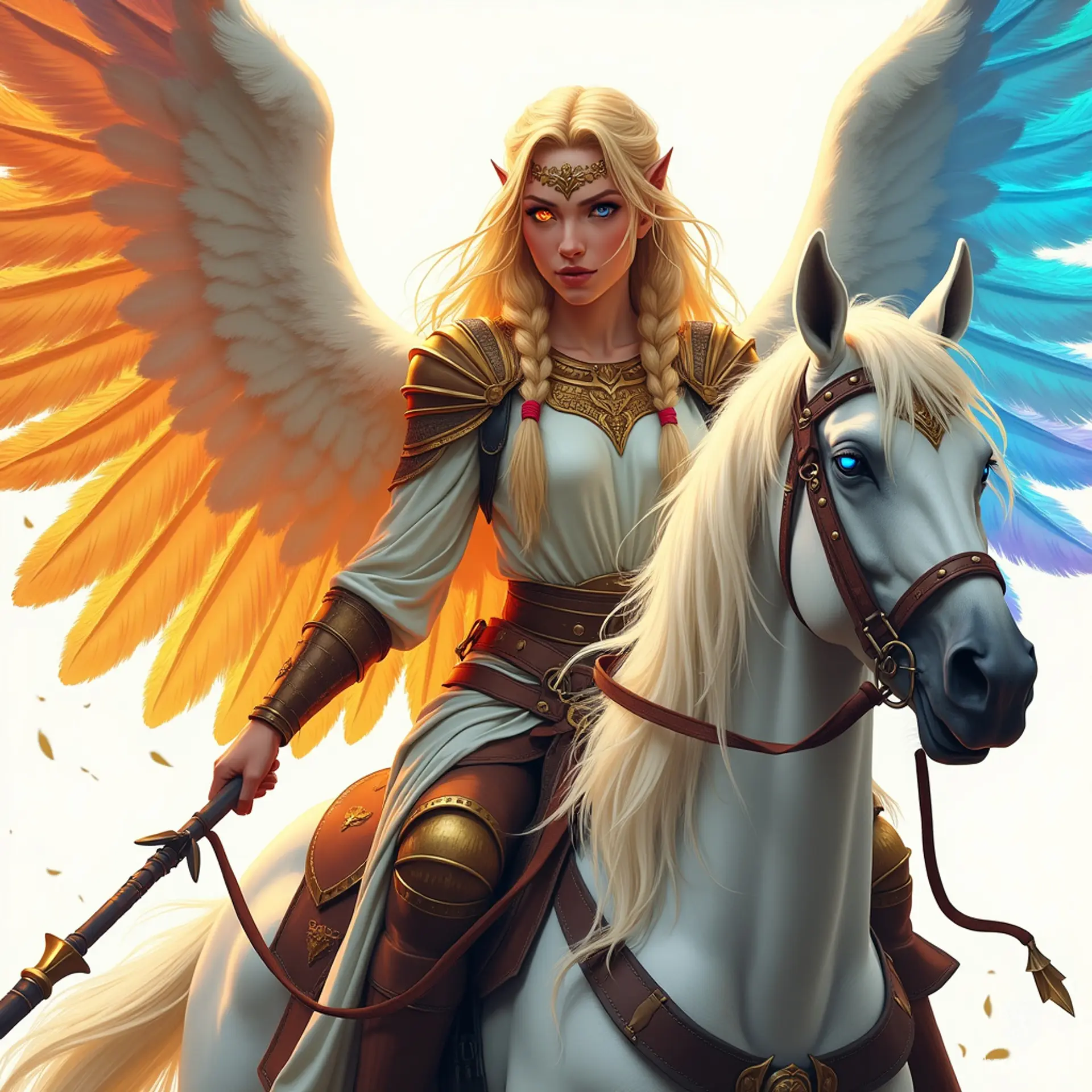 A radiant female Aasimar Valkyrie with blonde braids and war paint, rides a pegasus. Holding an angelic spear and bearing a prominent holy symbol, she exudes a serene demeanor and subtle glow, her unusual colored eyes reflecting an unwavering divine purpose.